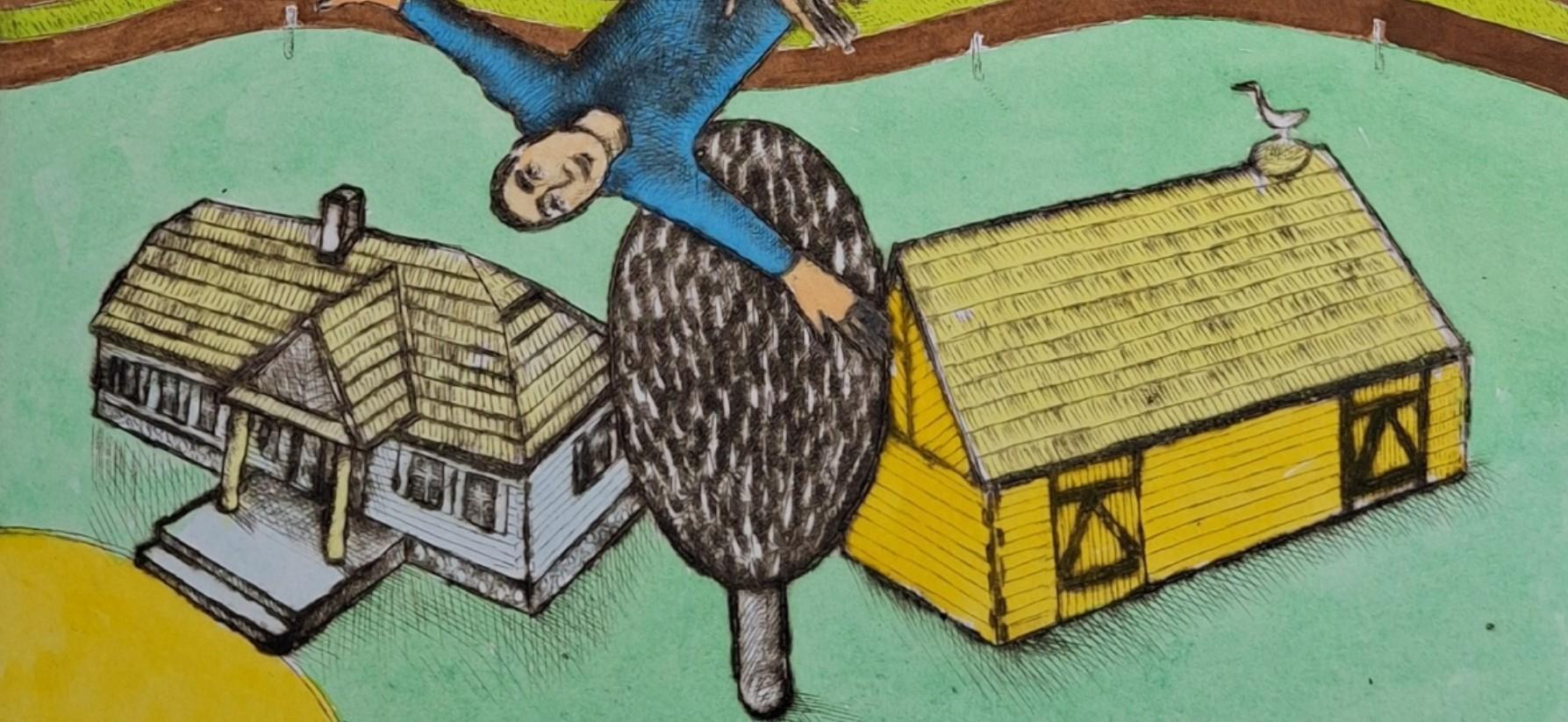 Vol au-dessus du manoir - Gravure à la pointe sèche figurative, colorée, Polish Art - Marron Figurative Print par Czeslaw Tumielewicz