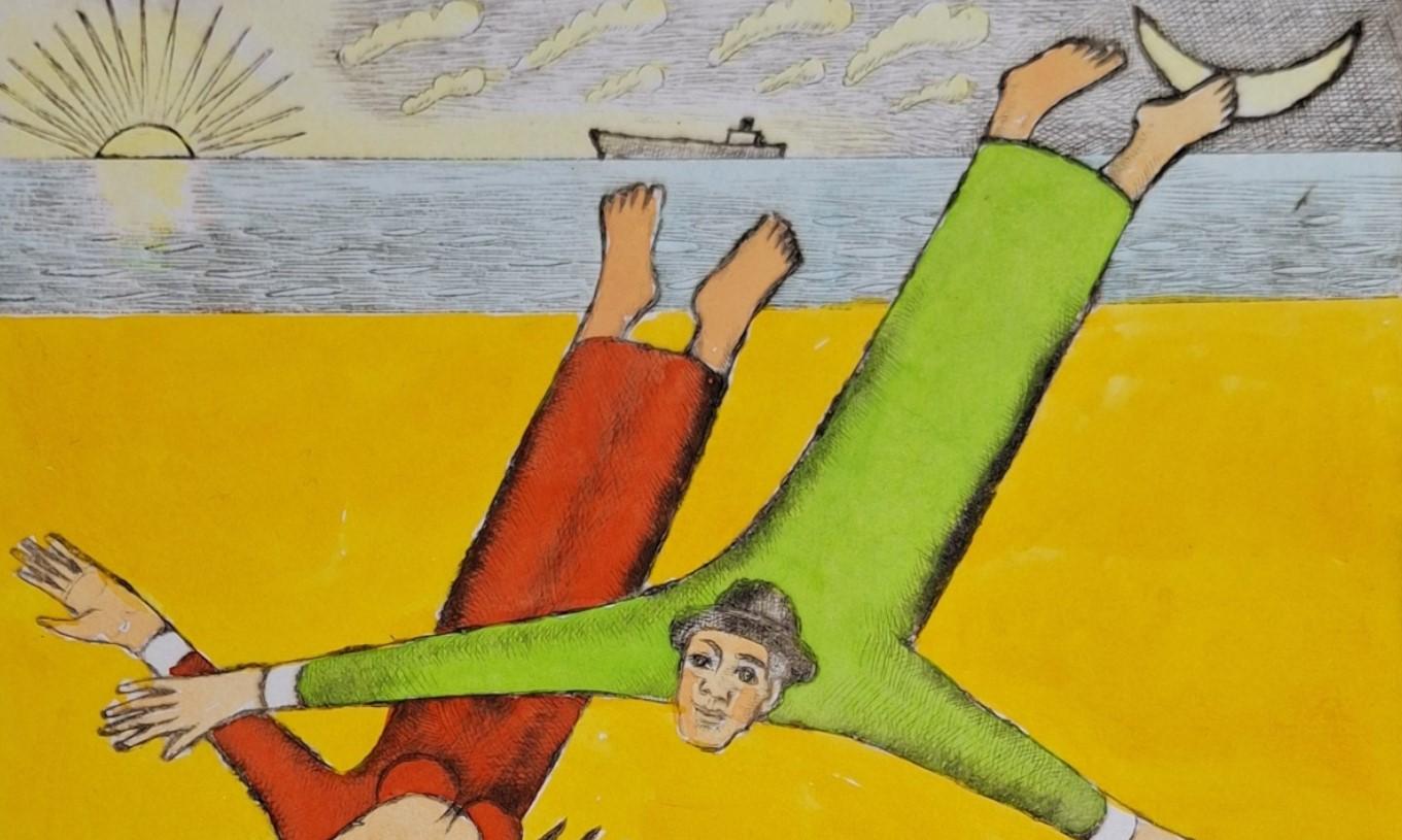 Gravure à la pointe sèche figurative et colorée de l'artiste polonais Czeslaw Tumielewicz. L'œuvre d'art représente deux personnes s'embrassantDon Kichote sur un cheval, attaquant un moulin à vent surréaliste. Ils sont représentés dans un style