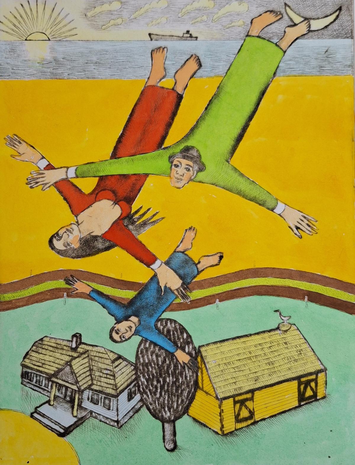 Flight over the manor house - Figurative Drypoint Print, Colorful, Polish Art