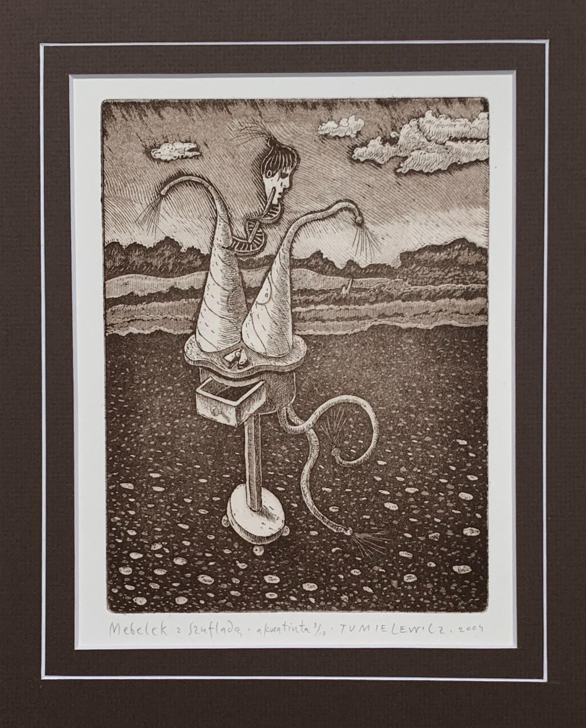 Furniture with a drawer - Figurative Etching Print Monochromatic Surreal - Brown Figurative Print by Czeslaw Tumielewicz