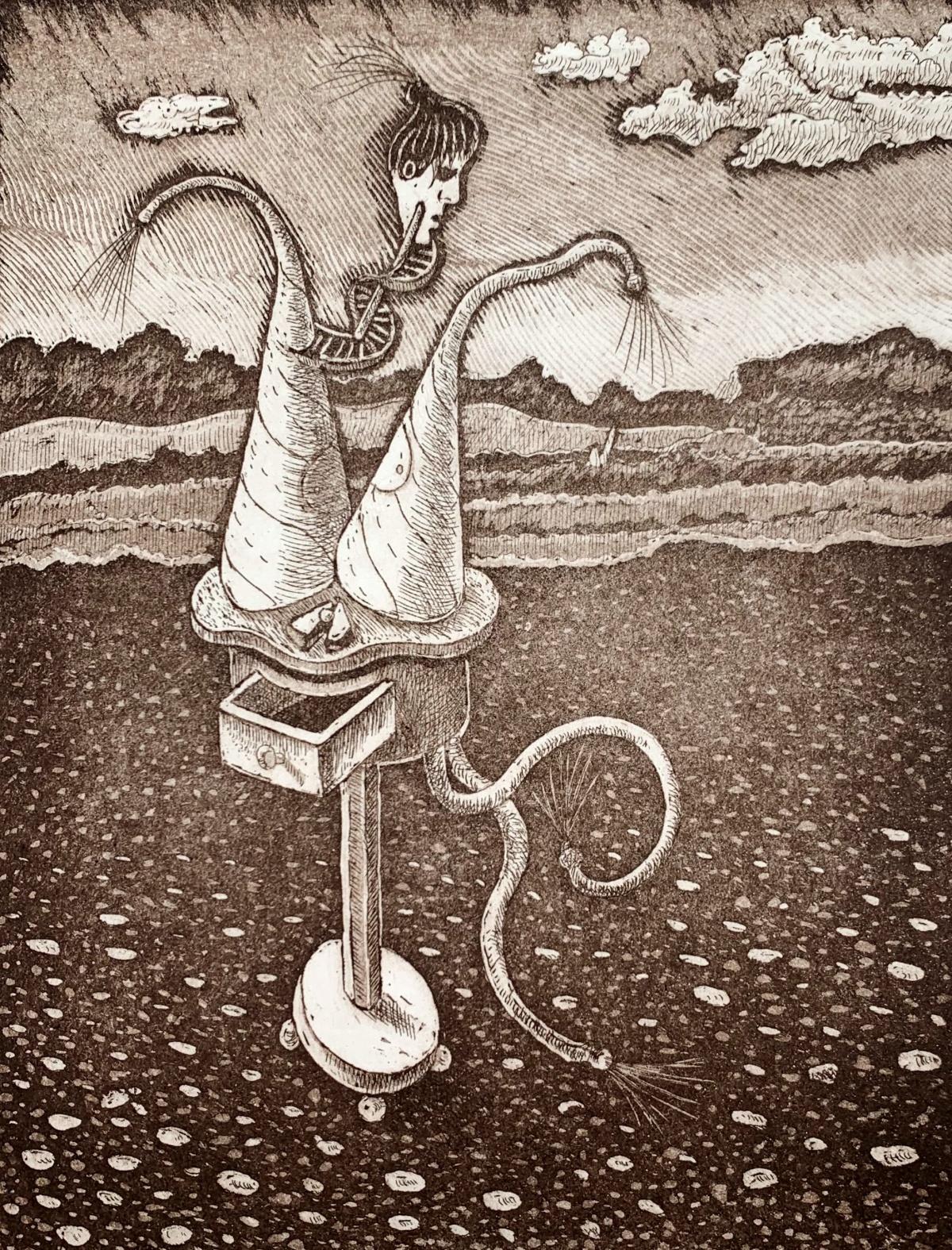 Mobili con cassetto - Stampa acquaforte figurativa Monocromatica Surreale