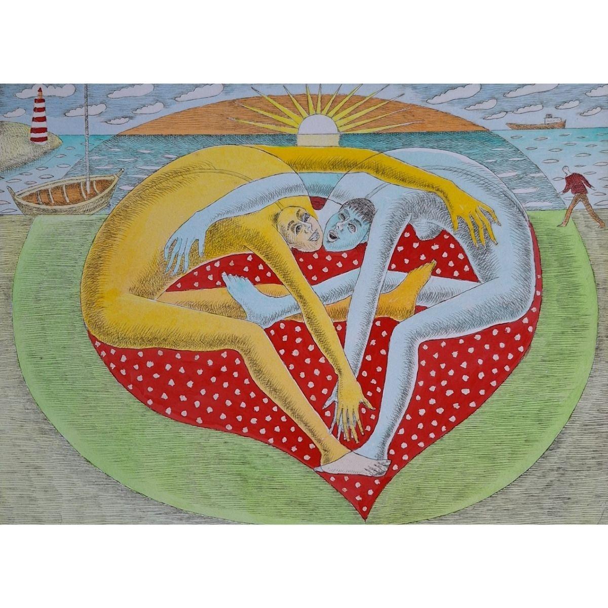 Große Herzlichkeit - Figurative Kaltnadelradierung, farbenfroh, Polnische Kunst (Zeitgenössisch), Print, von Czeslaw Tumielewicz