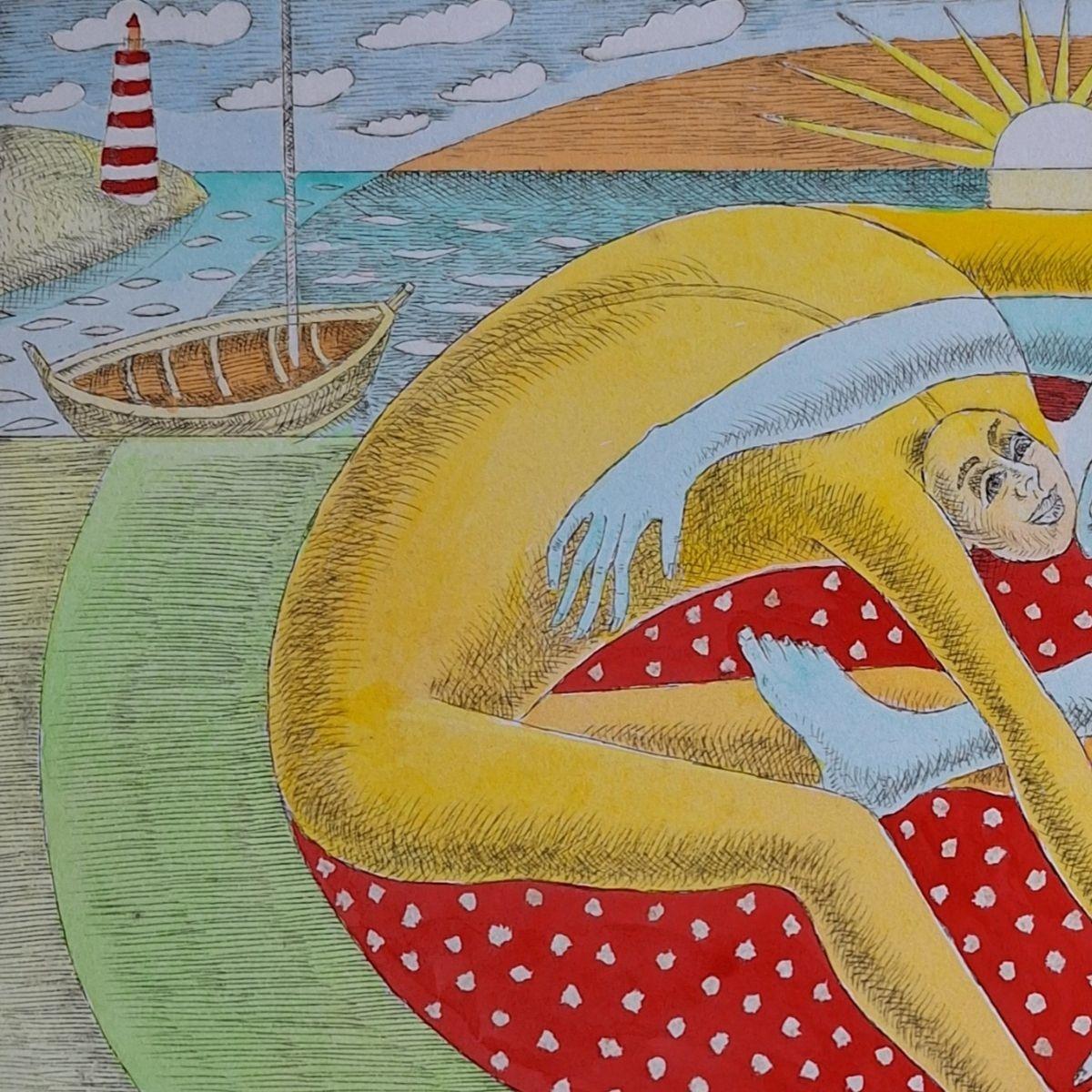 Große Herzlichkeit - Figurative Kaltnadelradierung, farbenfroh, Polnische Kunst (Braun), Figurative Print, von Czeslaw Tumielewicz