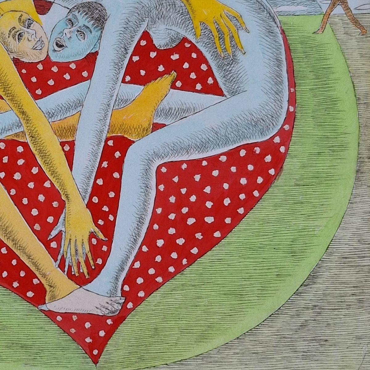 Große Herzlichkeit - Figurative Kaltnadelradierung, farbenfroh, Polnische Kunst im Angebot 1