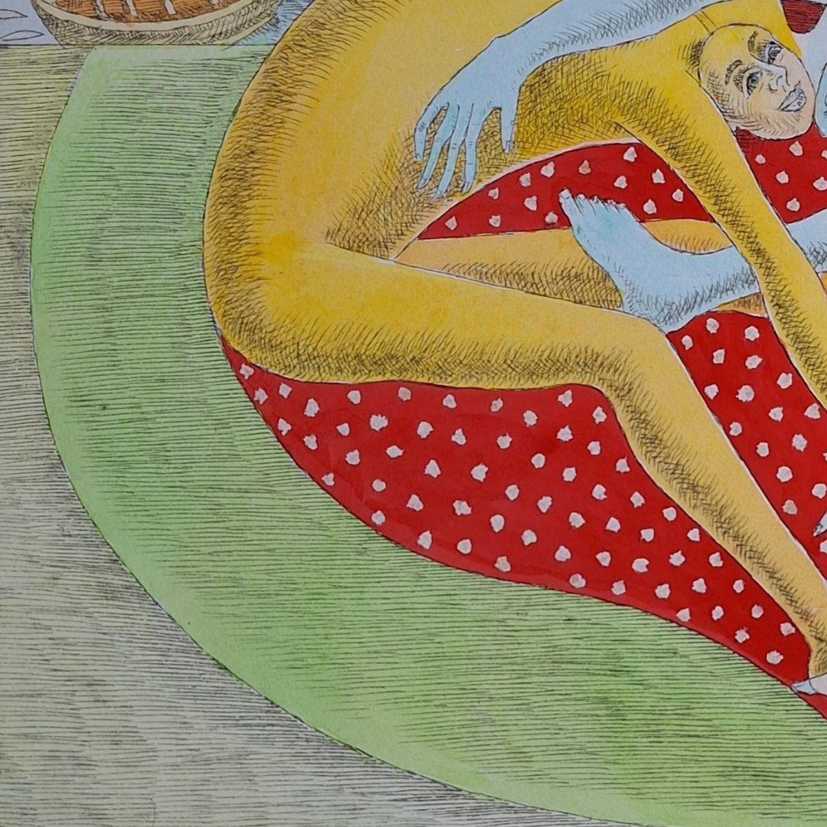 Große Herzlichkeit - Figurative Kaltnadelradierung, farbenfroh, Polnische Kunst im Angebot 2