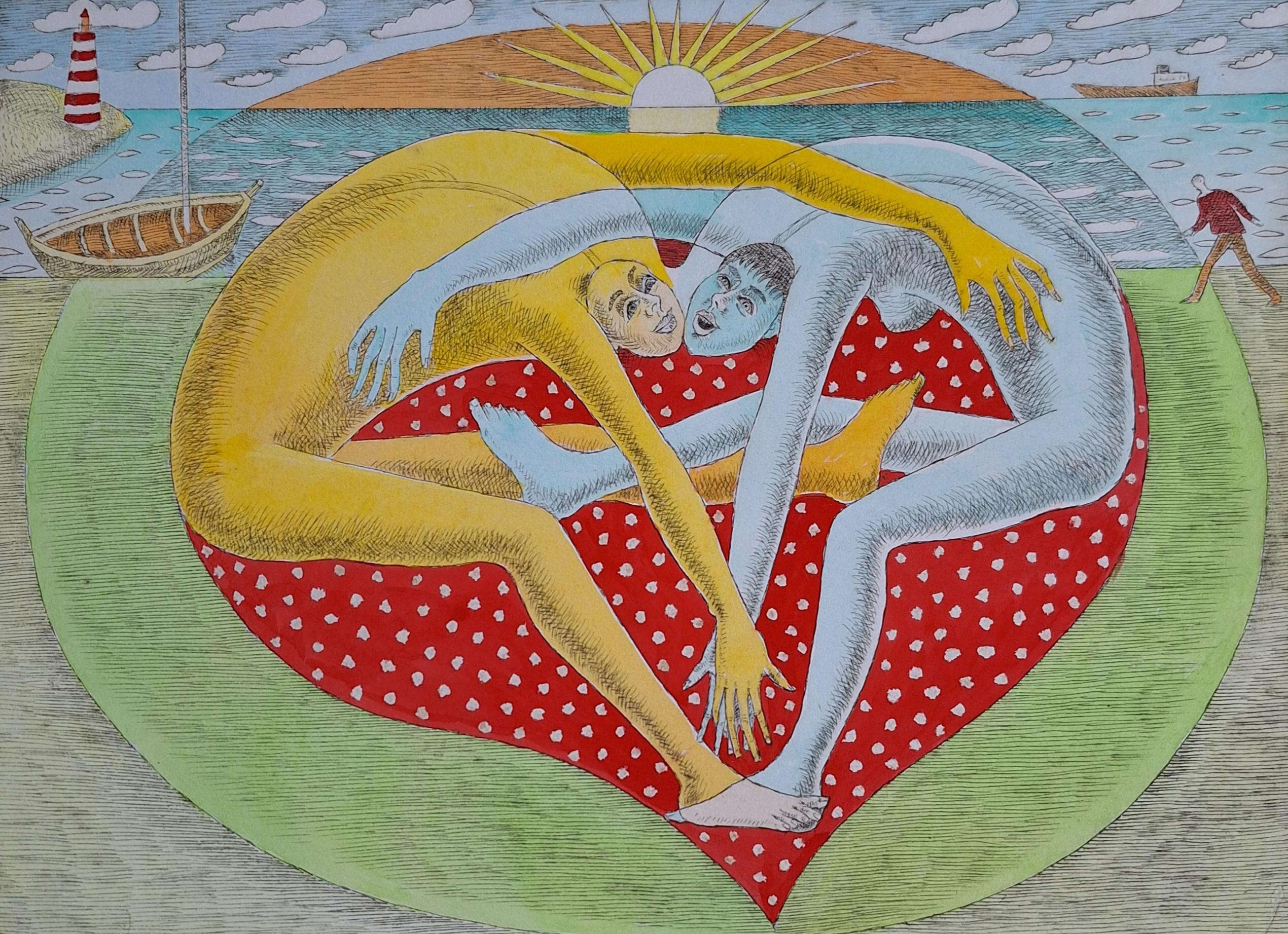 Great cordiality - Figurative Drypoint Print, Colorful, Polish Art