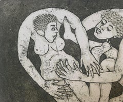 In a heart. Figurative Etching Print, Black & White, Nude, Romantic, Polish Art