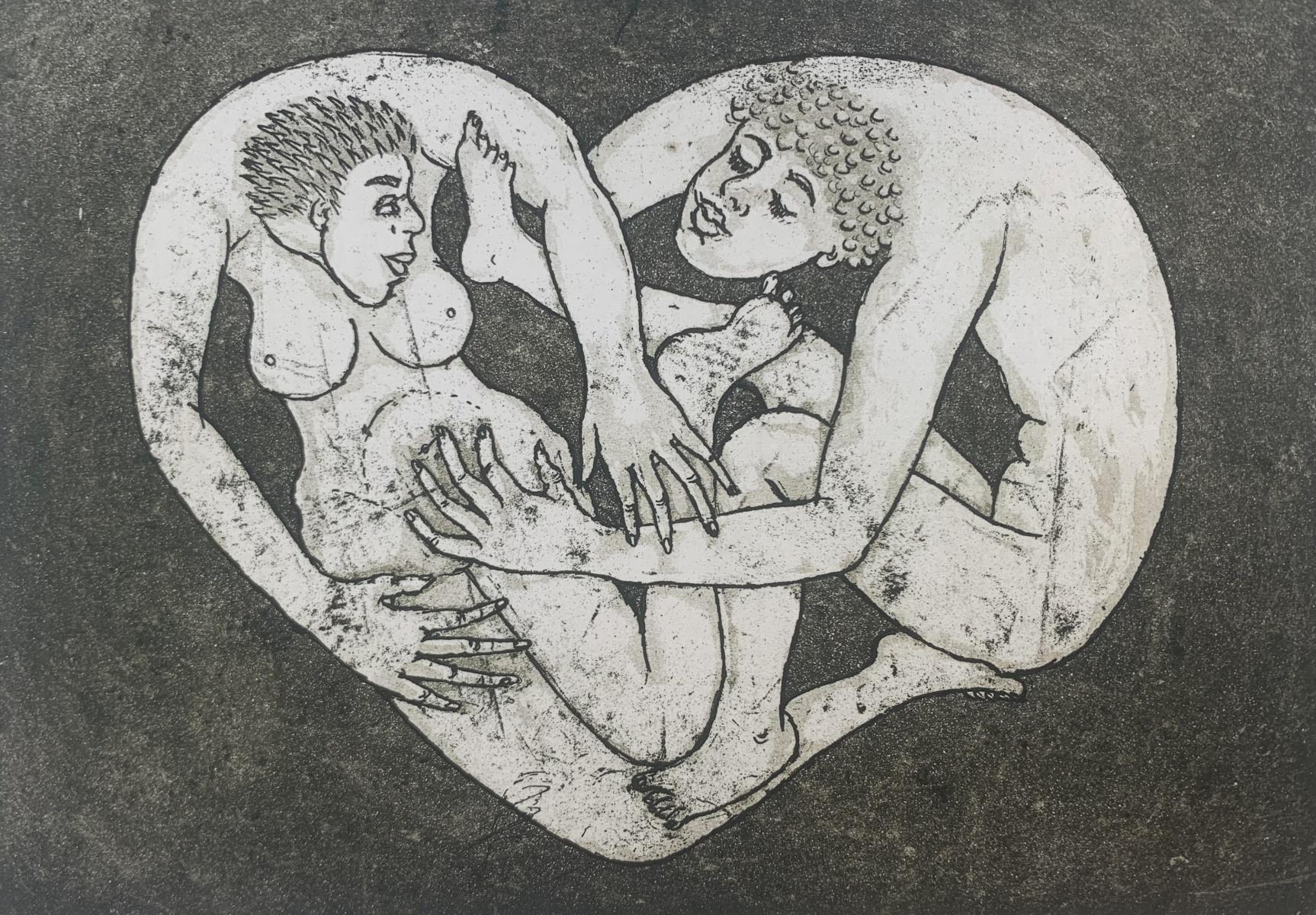 En un corazón. Grabado Figurativo, Blanco y Negro, Desnudo, Romántico, Arte Polaco