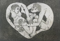 En un corazón. Grabado Figurativo, Blanco y Negro, Desnudo, Romántico, Arte Polaco