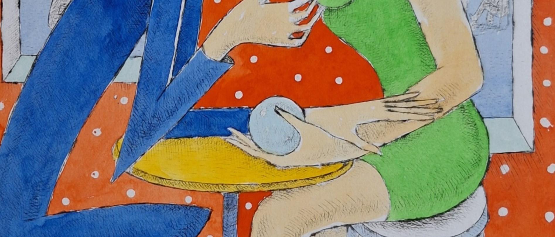 Dans la cafétéria - Gravure figurative à la pointe sèche, colorée, art polonais - Print de Czeslaw Tumielewicz