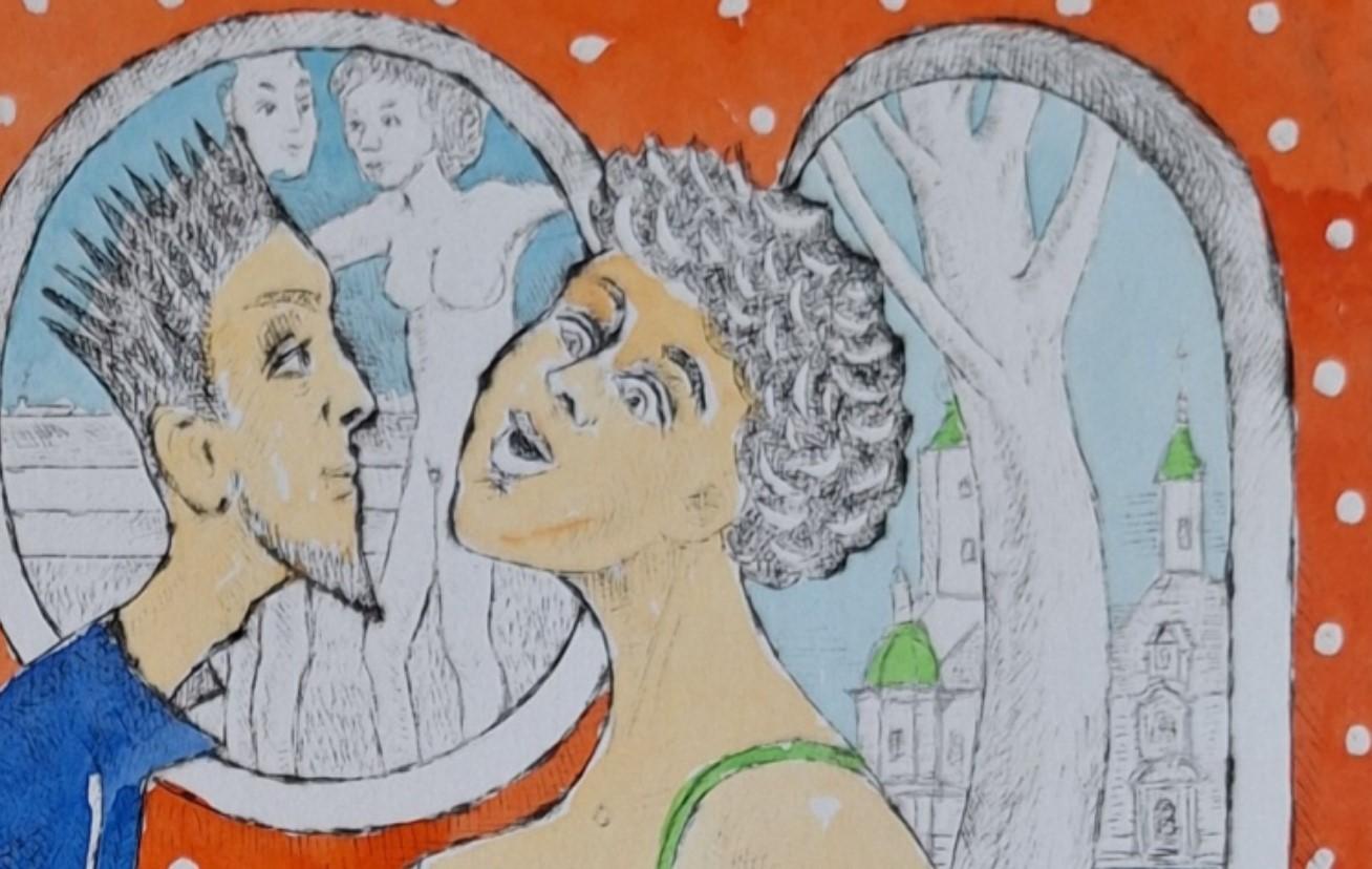 Dans la cafétéria - Gravure figurative à la pointe sèche, colorée, art polonais - Contemporain Print par Czeslaw Tumielewicz