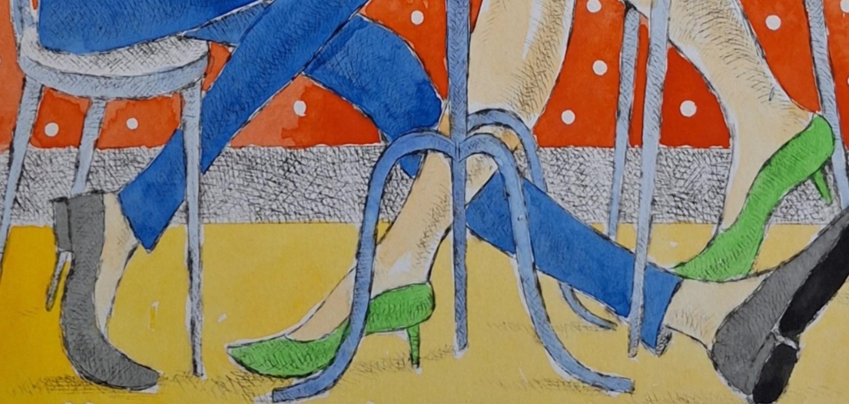 Dans la cafétéria - Gravure figurative à la pointe sèche, color�ée, art polonais - Marron Interior Print par Czeslaw Tumielewicz