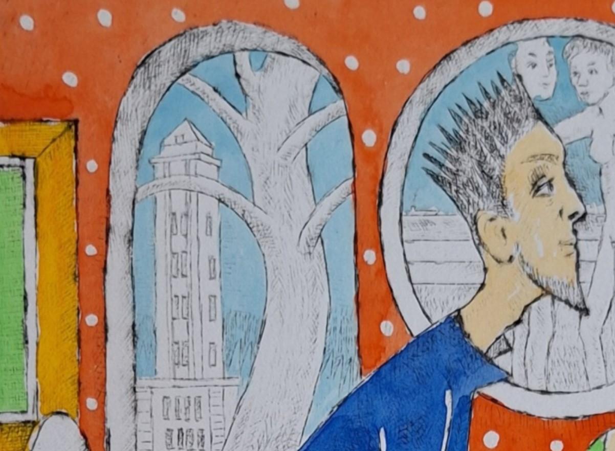 Gravure à la pointe sèche figurative et colorée de l'artiste polonais Czeslaw Tumielewicz. L'œuvre d'art représente deux personnes s'embrassantDon Kichote sur un cheval, attaquant un moulin à vent surréaliste. Ils sont représentés dans un style