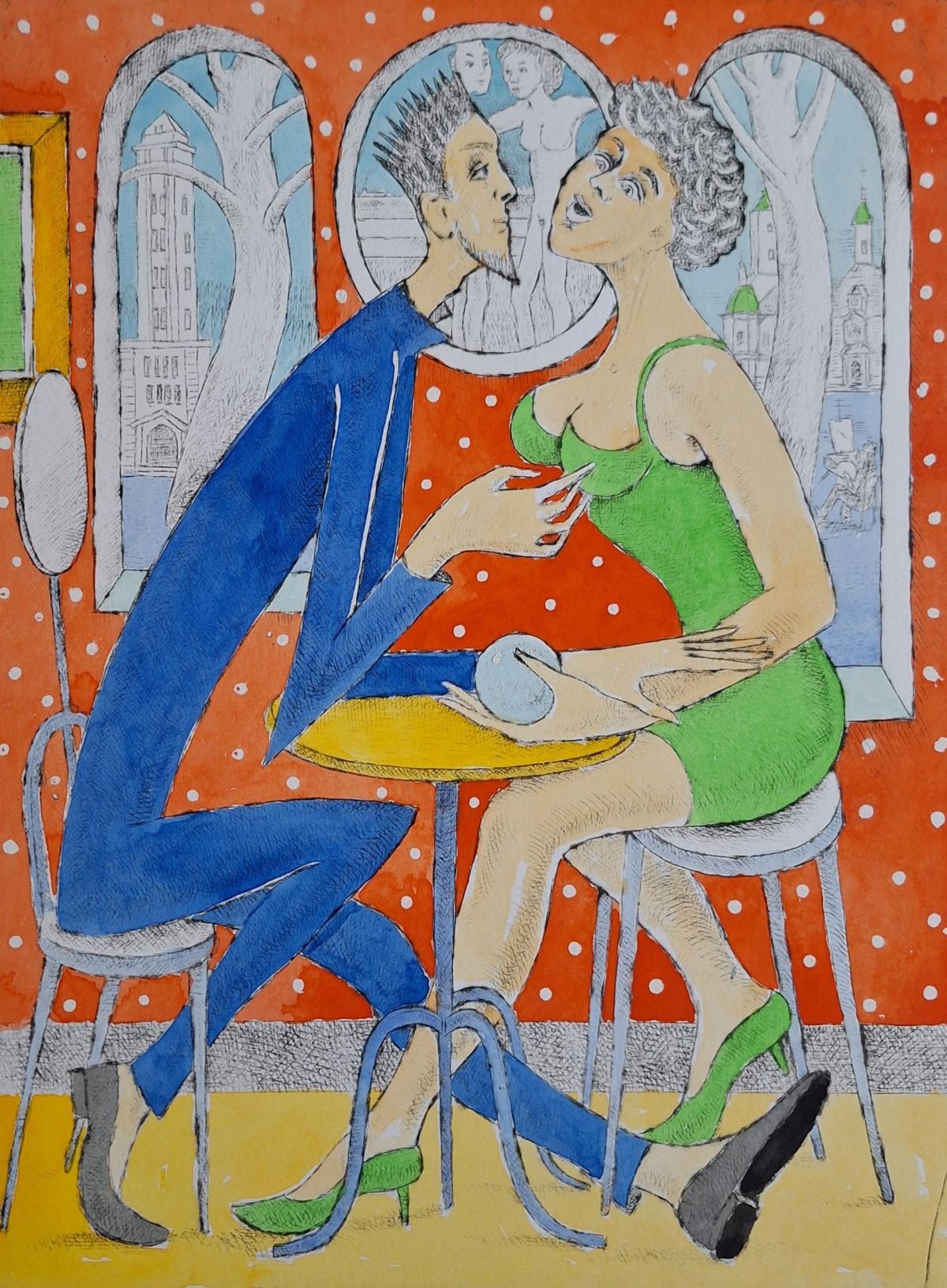 In the cafeteria - Figurative Drypoint Print, Colorful, Polish Art