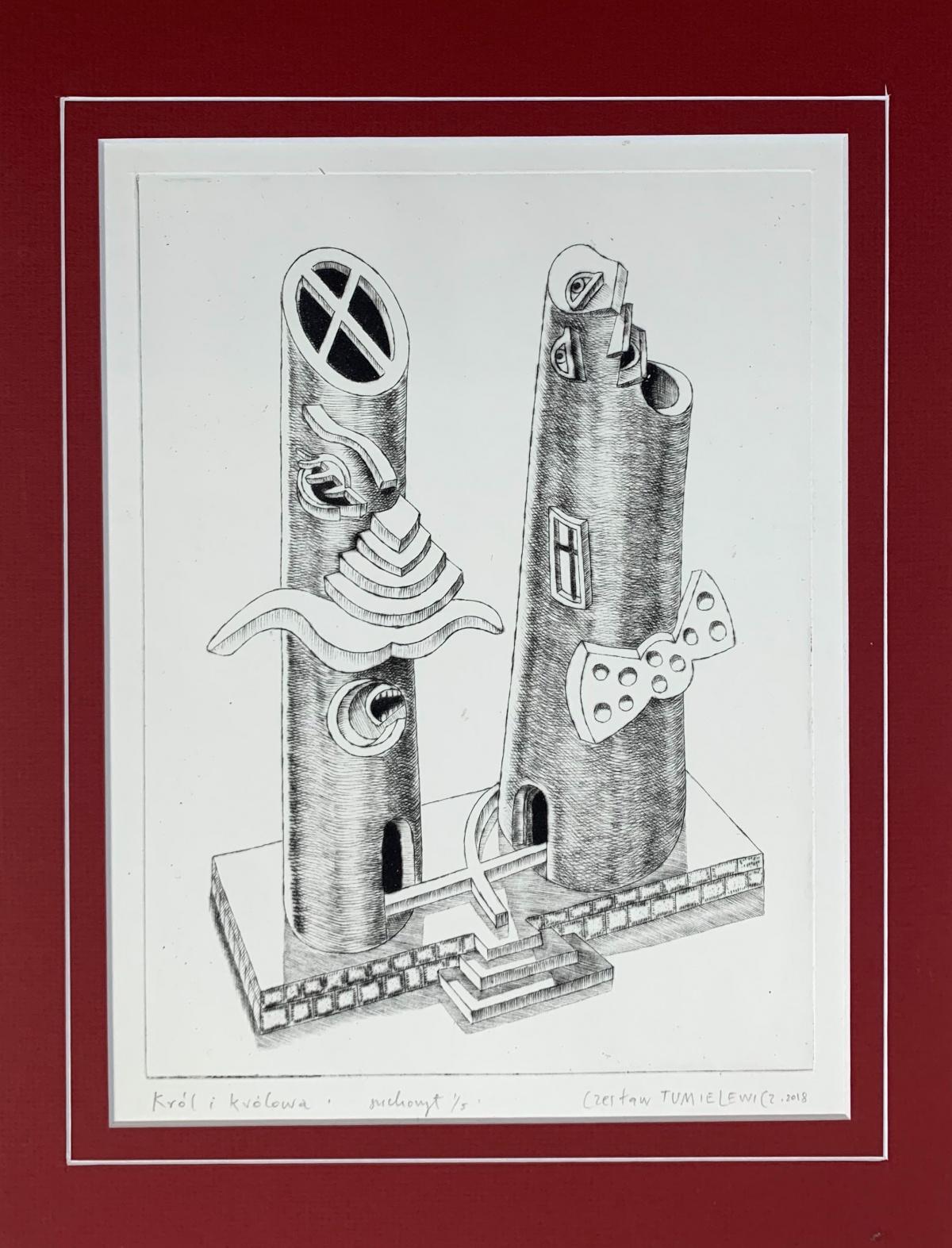 King & Queen - Figuratives, monochromes, surreales Schwarz-Weiß-Radierungsdruck – Print von Czeslaw Tumielewicz