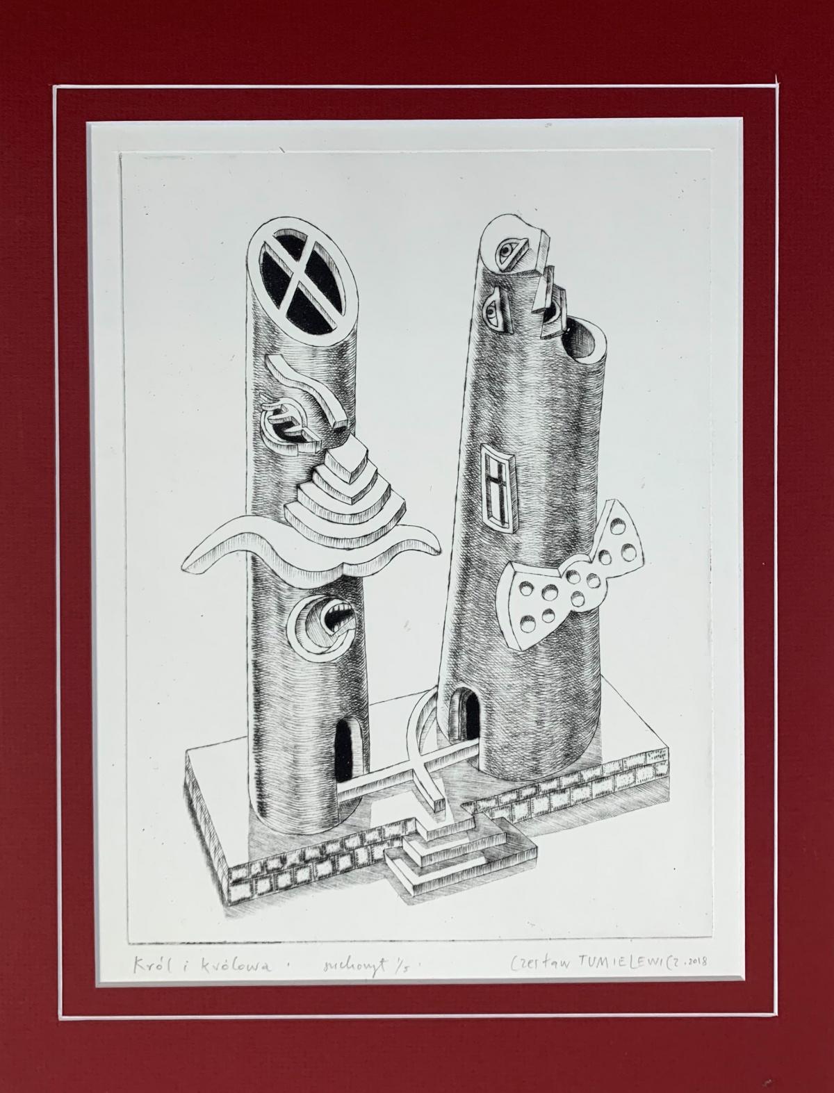 Rey y reina - Grabado al aguafuerte figurativo Monocromático Surrealista Blanco y negro - Print de Czeslaw Tumielewicz