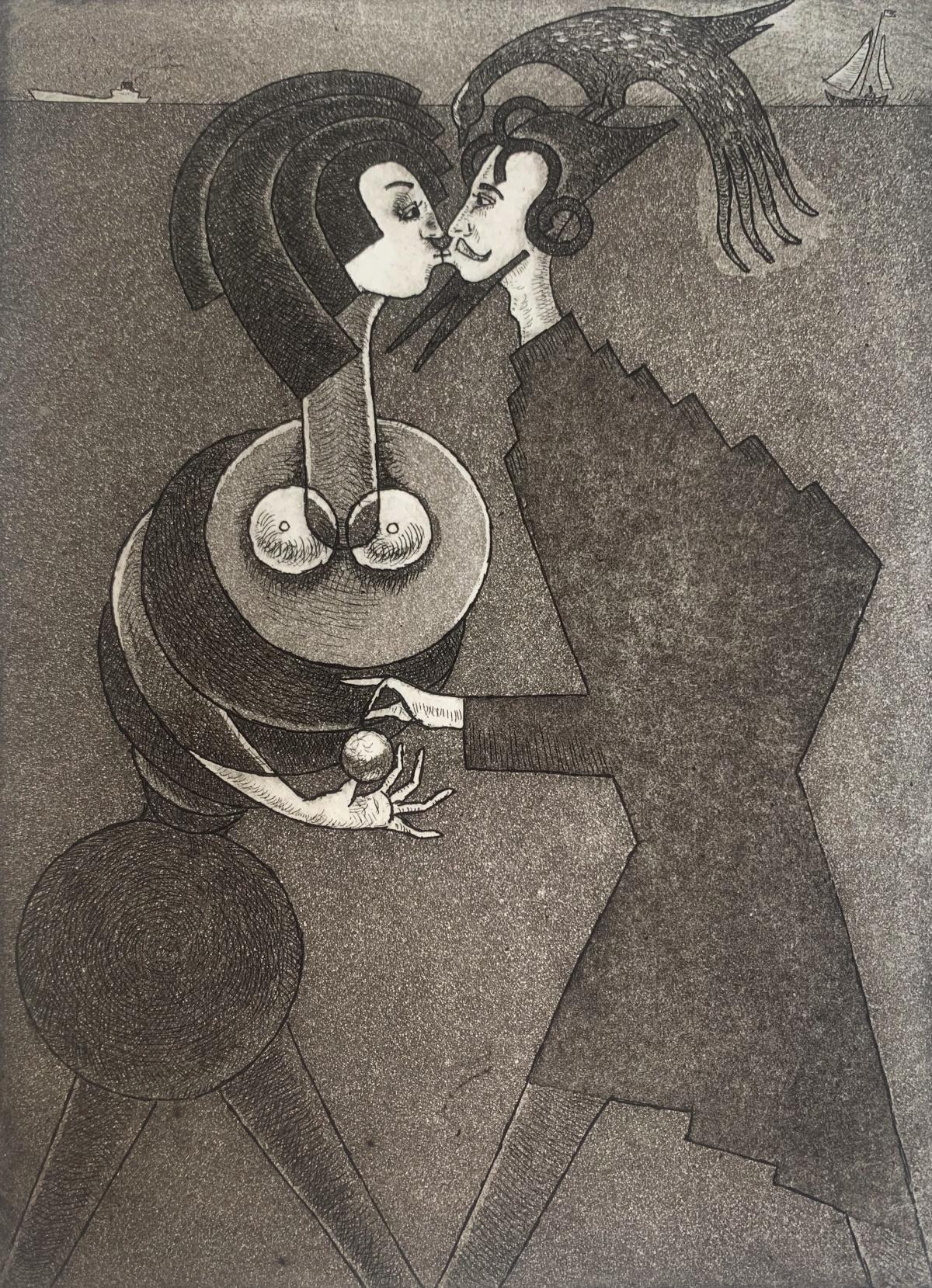 Il bacio di un mago. Stampa acquaforte figurativa, Monocromatico, Romantico, Arte polacca - Print di Czeslaw Tumielewicz