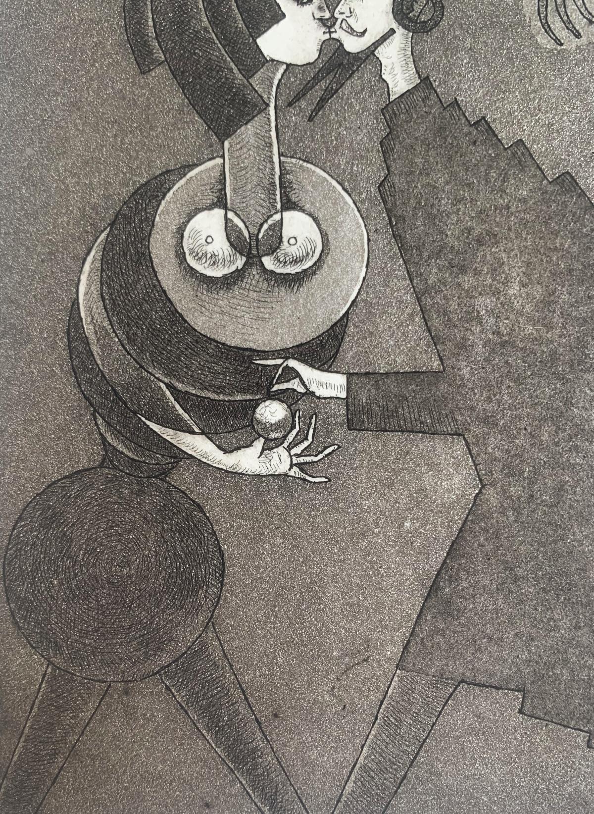 Il bacio di un mago. Stampa acquaforte figurativa, Monocromatico, Romantico, Arte polacca - Figurative Print Grigio di Czeslaw Tumielewicz