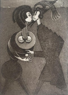 Beso de mago. Grabado al aguafuerte figurativo, monocromático, romántico, arte polaco