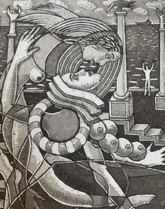 Kiss of an angel. Figurative Aquatint Print, Monochromatic, Romantic, Polish Art