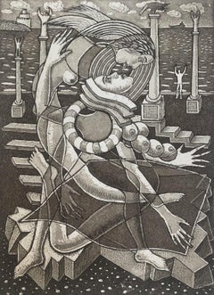 Kiss of an angel. Figurative Aquatint Print, Monochromatic, Romantic, Polish Art