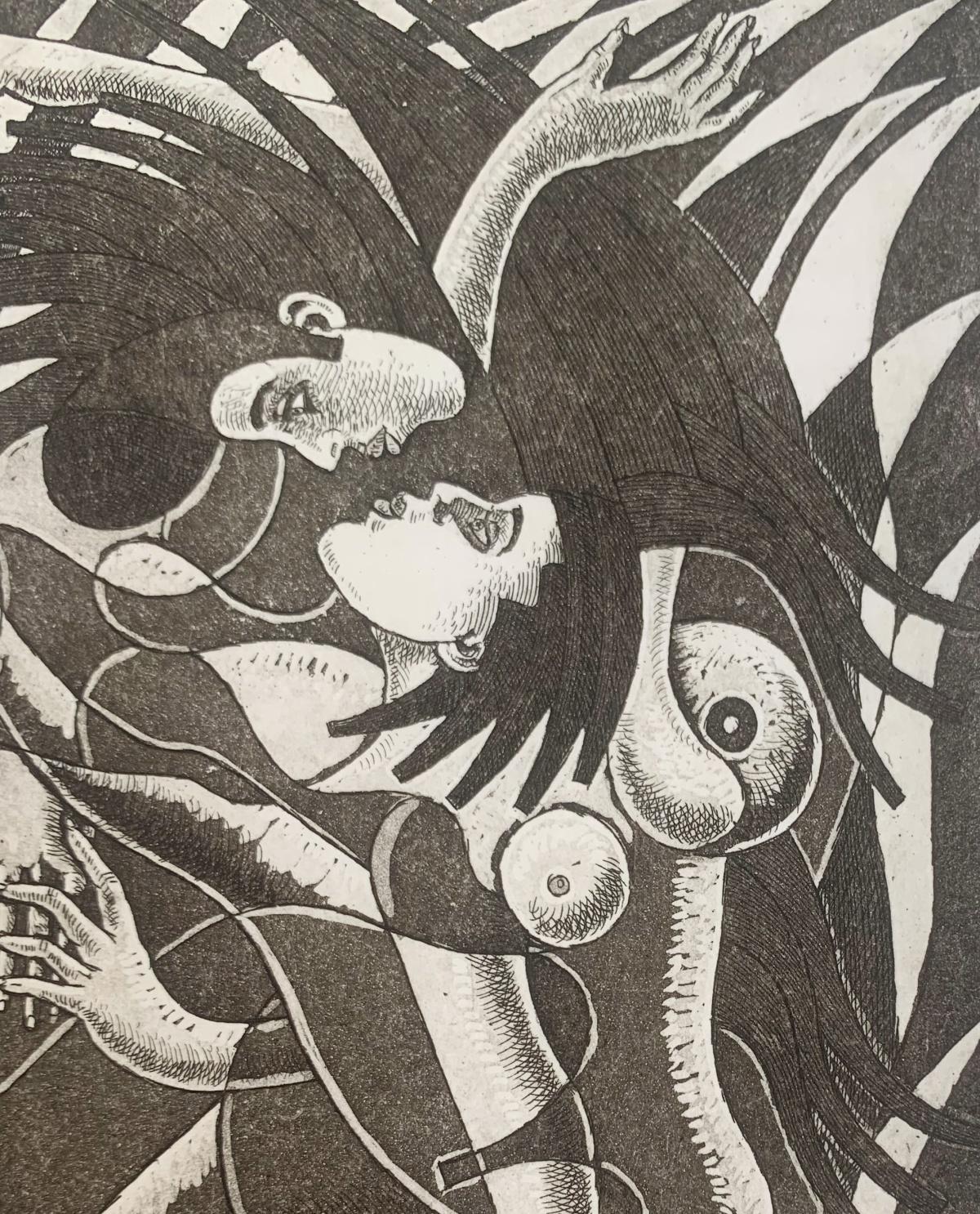 Baciarsi tra le fiamme. Stampa acquaforte figurativa, Monocromatico, Romantico, Arte polacca - Print di Czeslaw Tumielewicz