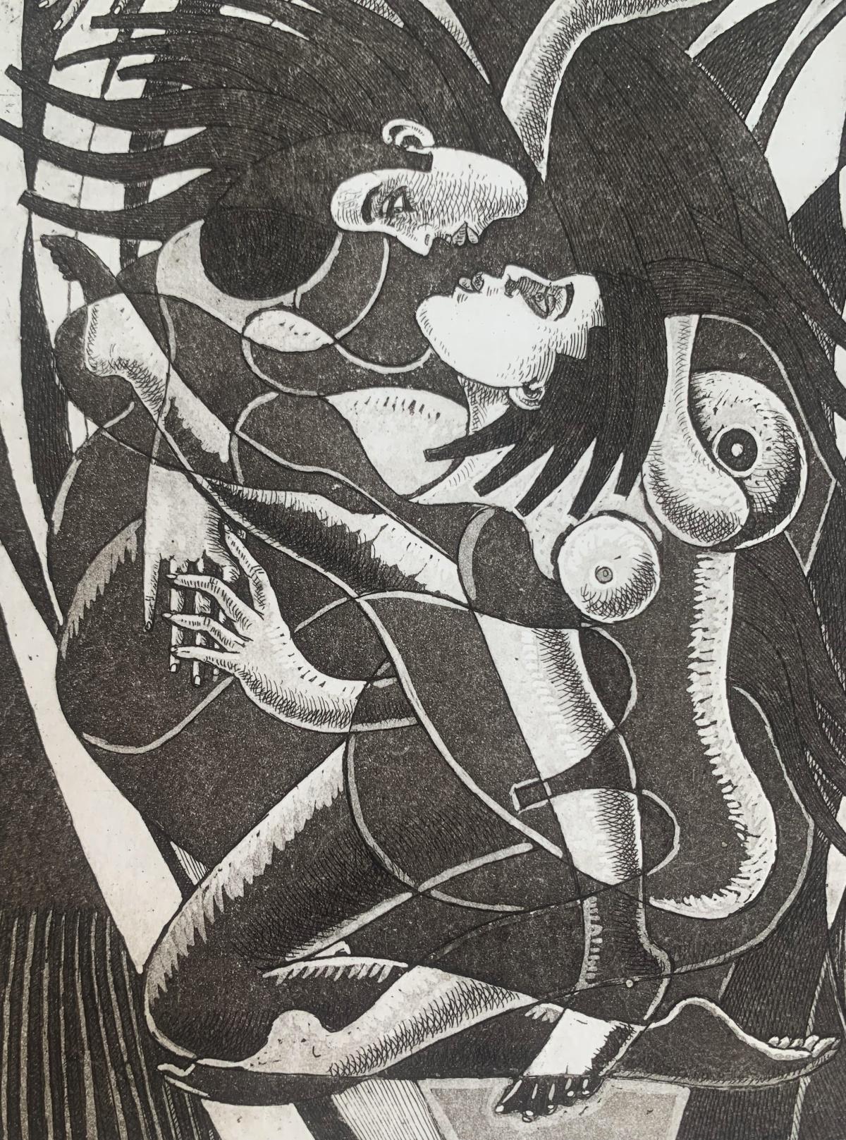 Baciarsi tra le fiamme. Stampa acquaforte figurativa, Monocromatico, Romantico, Arte polacca - Print Contemporaneo di Czeslaw Tumielewicz