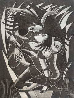 Kissing in flames. Figurative Etching Print, Monochromatic, Romantic, Polish Art