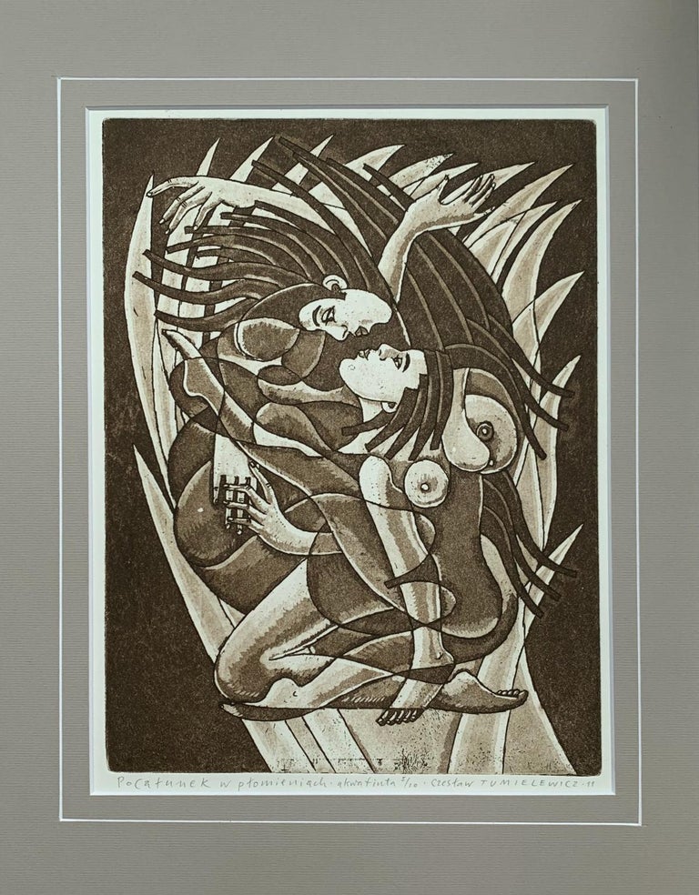 Kissing in flames - Figurative Etching Print Monochromatic Surreal  - Black Nude Print by Czeslaw Tumielewicz