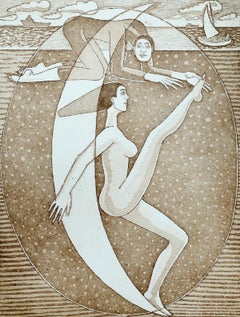 On the moon - Figurative Etching Print Monochromatic Surreal Nude