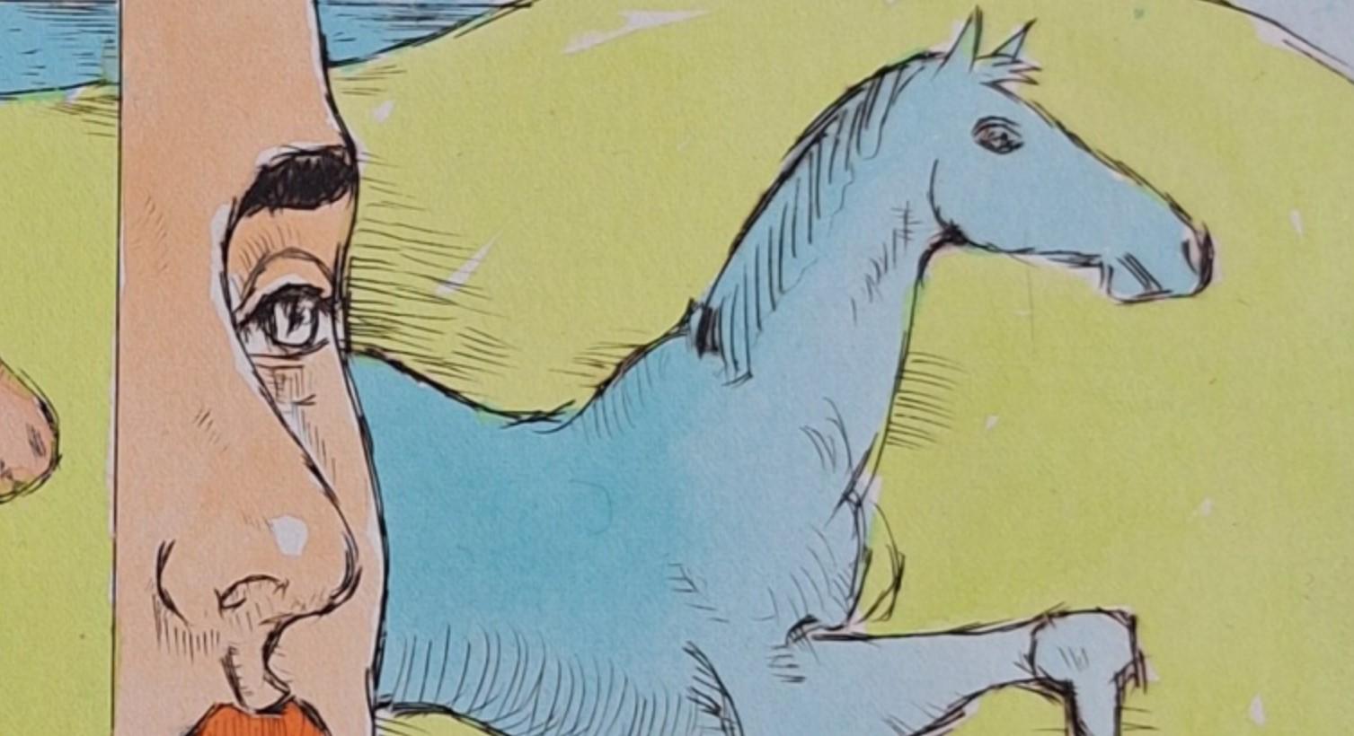 Painter painting Don Quixote - Figurative Drypoint Print, Colorful, Polish Art For Sale 2