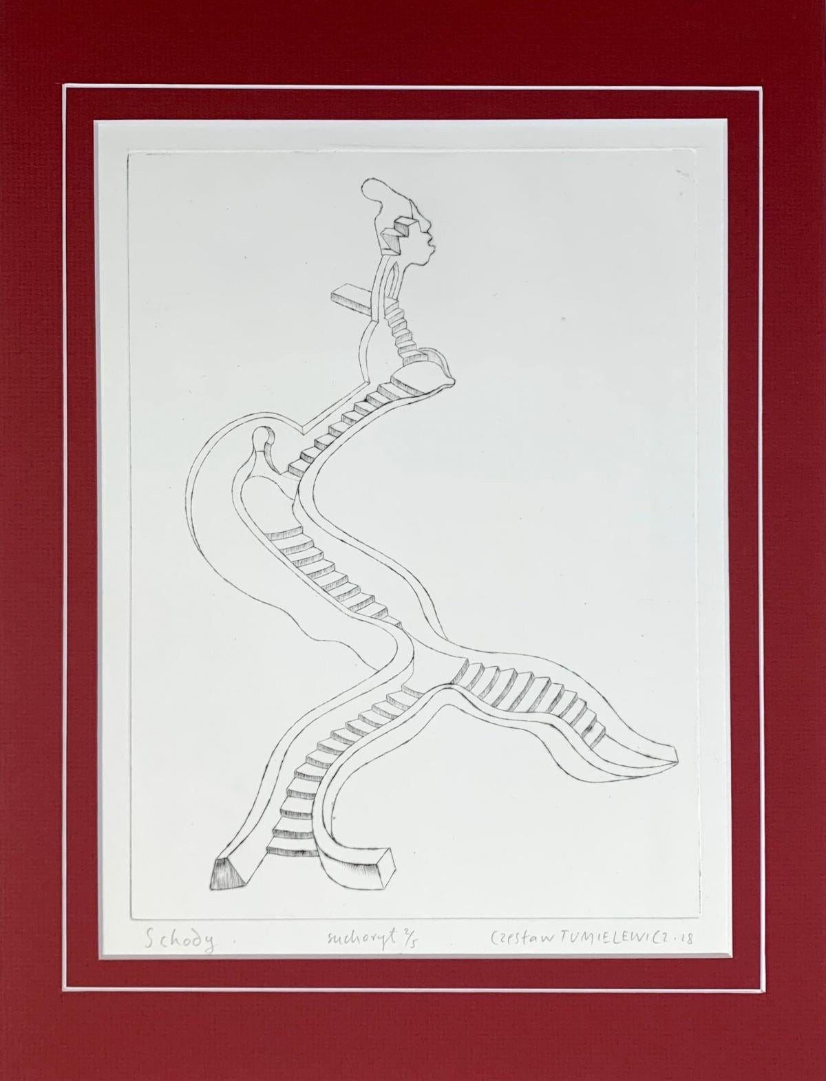 The stairs - Figuratives, monochromes, surreales Schwarz-Weiß-Radierungsdruck – Print von Czeslaw Tumielewicz