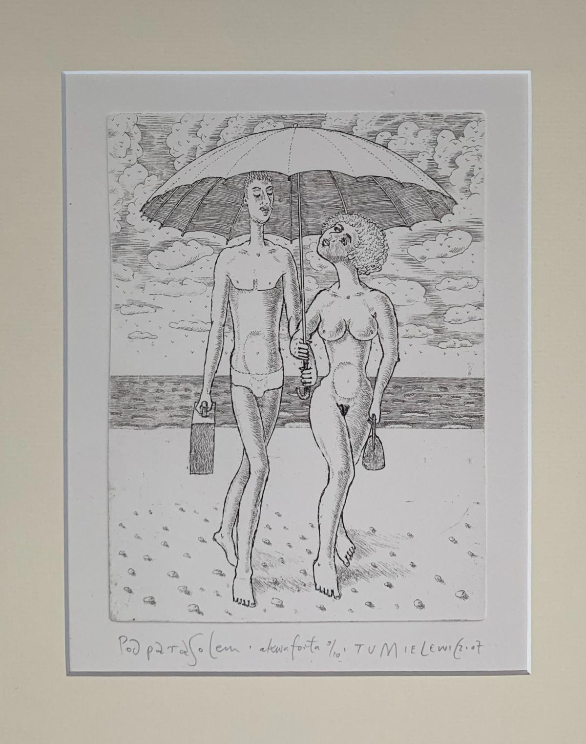 Under an umbrella - Contemporary Figurative Etching Print, Nude, Black & white - Gray Nude Print by Czeslaw Tumielewicz