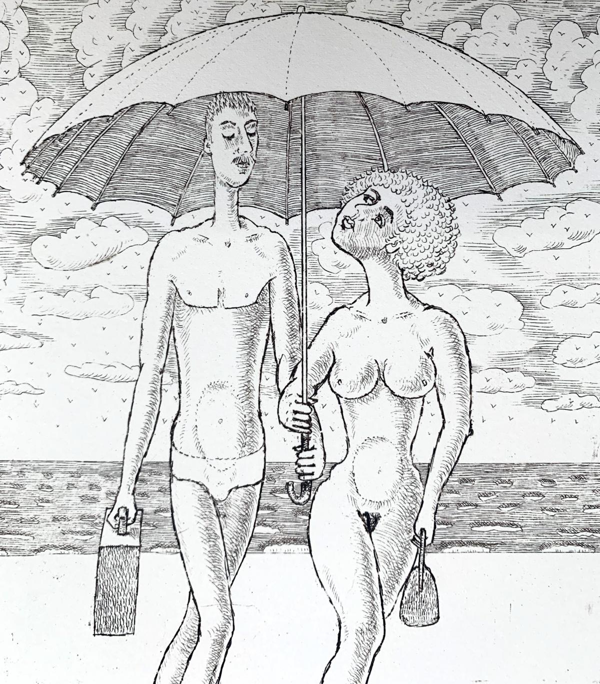 Sous un parapluie - Imprimé figuratif contemporain d'une gravure, nu, noir et blanc - Contemporain Print par Czeslaw Tumielewicz