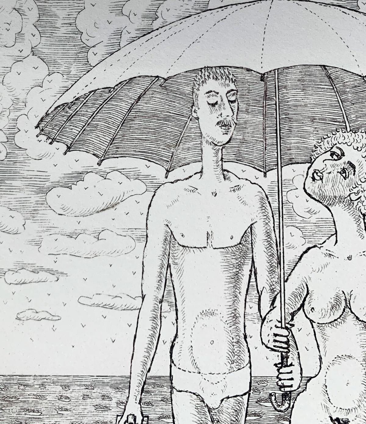 Under an umbrella - Contemporary Figurative Etching Print, Nude, Black & white For Sale 1