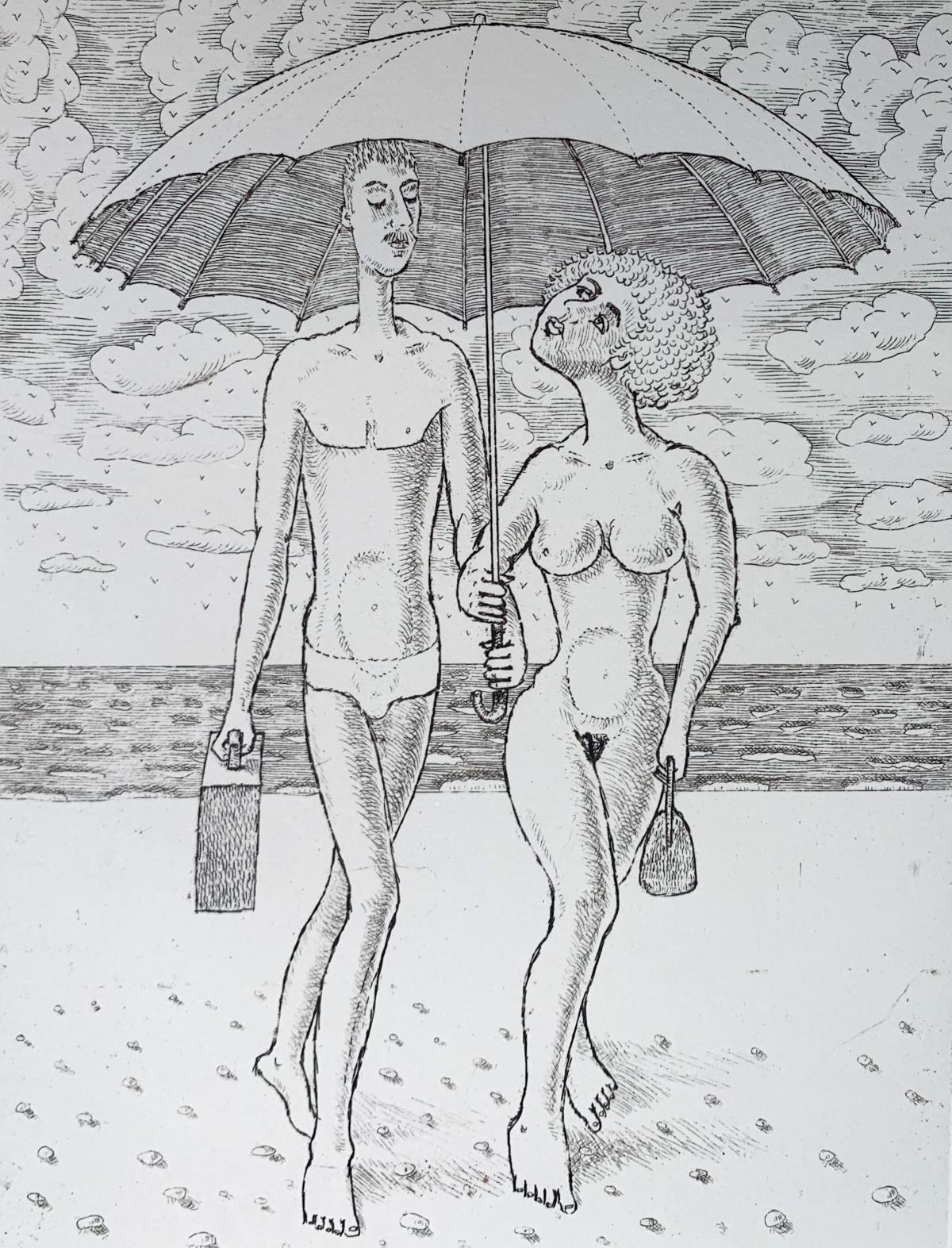 Under an umbrella - Contemporary Figurative Etching Print, Nude, Black & white
