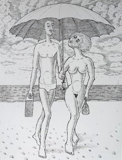 Sous un parapluie - Imprimé figuratif contemporain d'une gravure, nu, noir et blanc