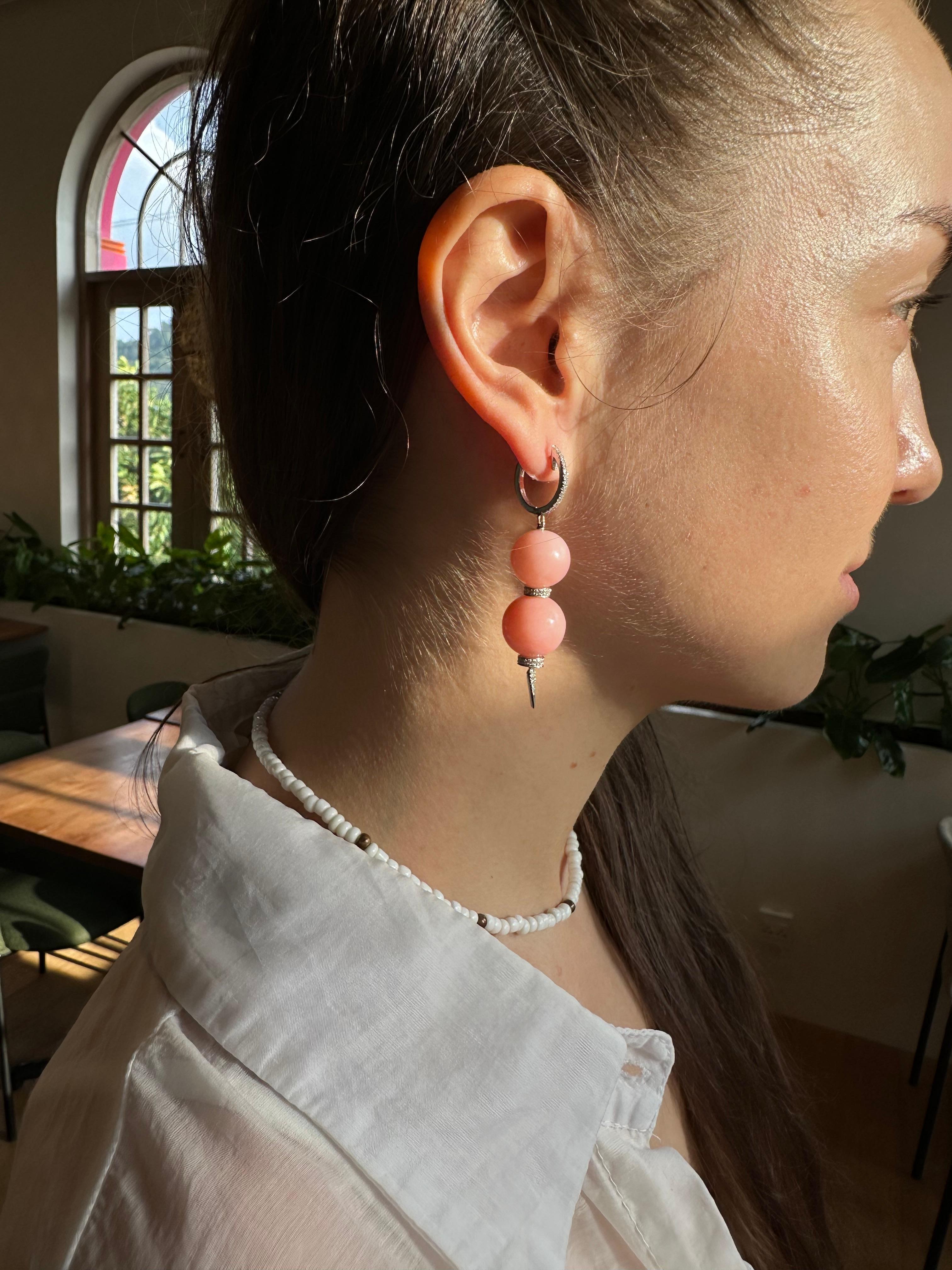 Art Nouveau D - 18K White Gold Natural Pink Opal and Diamond Drop Statement Earrings