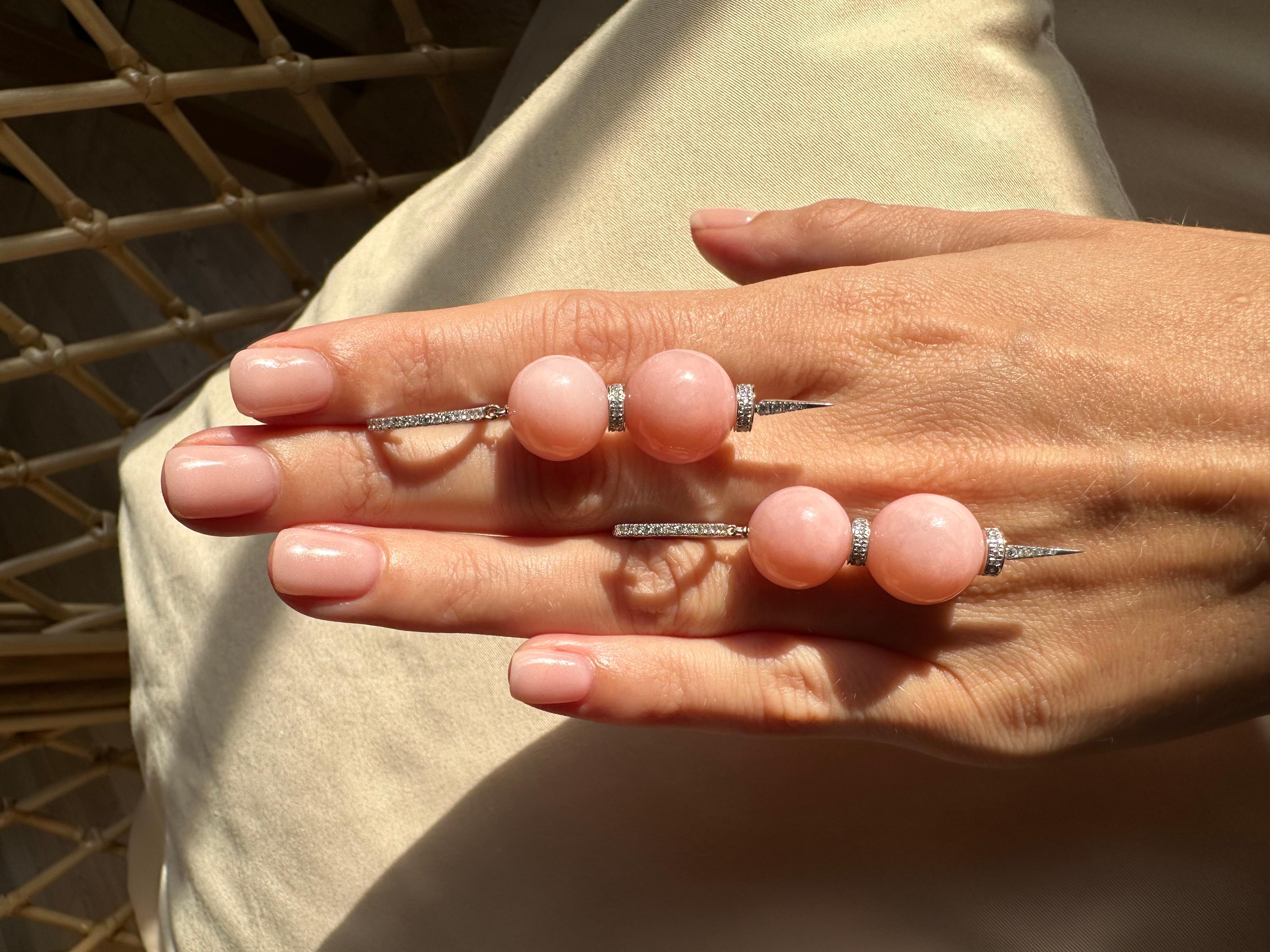 Men's D - 18K White Gold Natural Pink Opal and Diamond Drop Statement Earrings