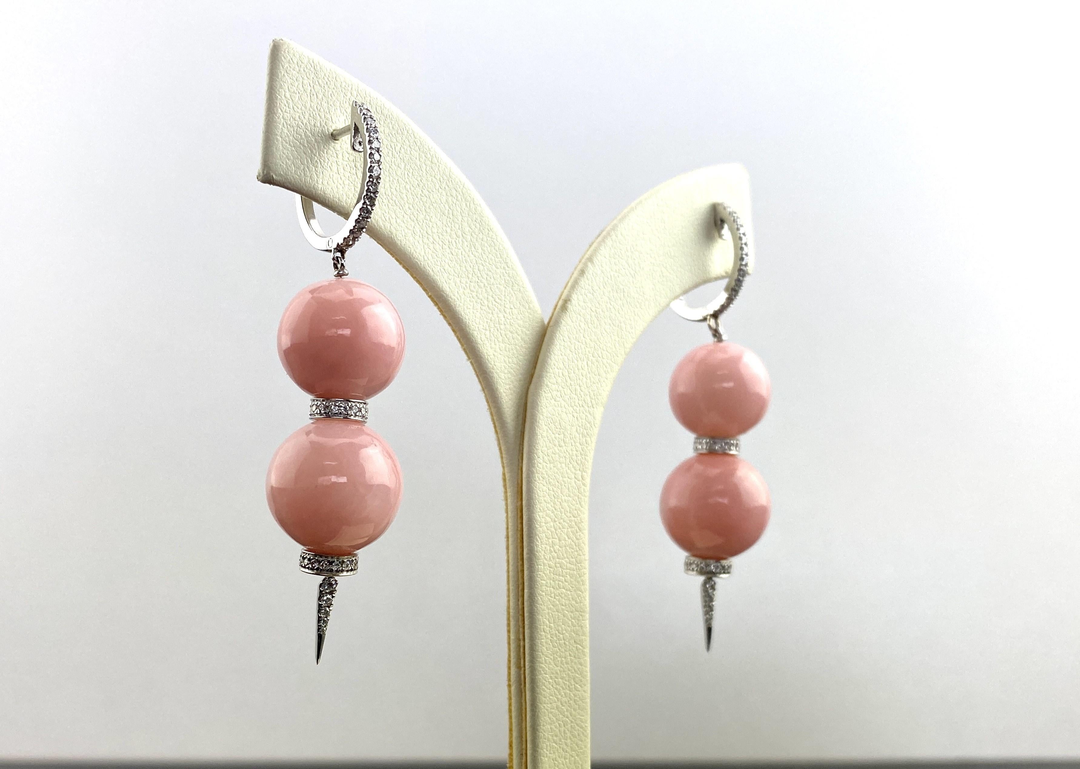 D - 18K White Gold Natural Pink Opal and Diamond Drop Statement Earrings 2