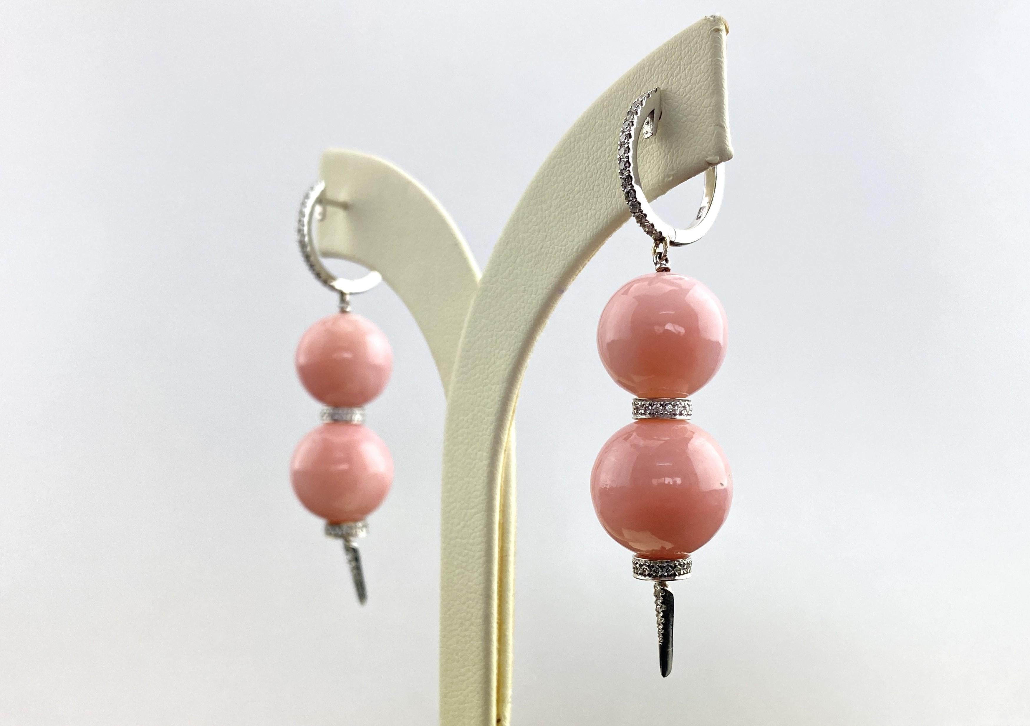 D - 18K White Gold Natural Pink Opal and Diamond Drop Statement Earrings 3