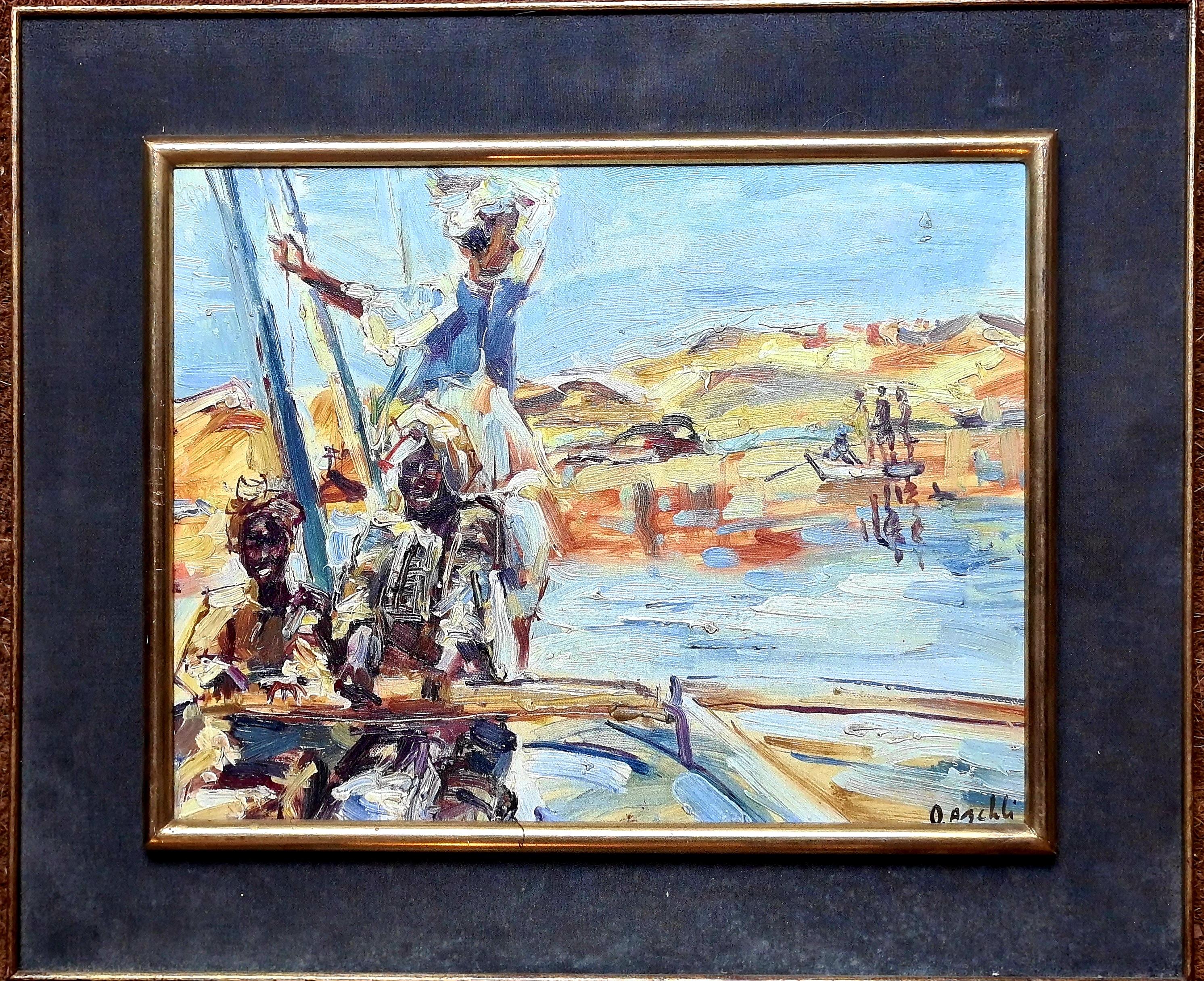 Orientalistische Landschaft, Die Fischer. Öl auf Karton. – Painting von D Abchli