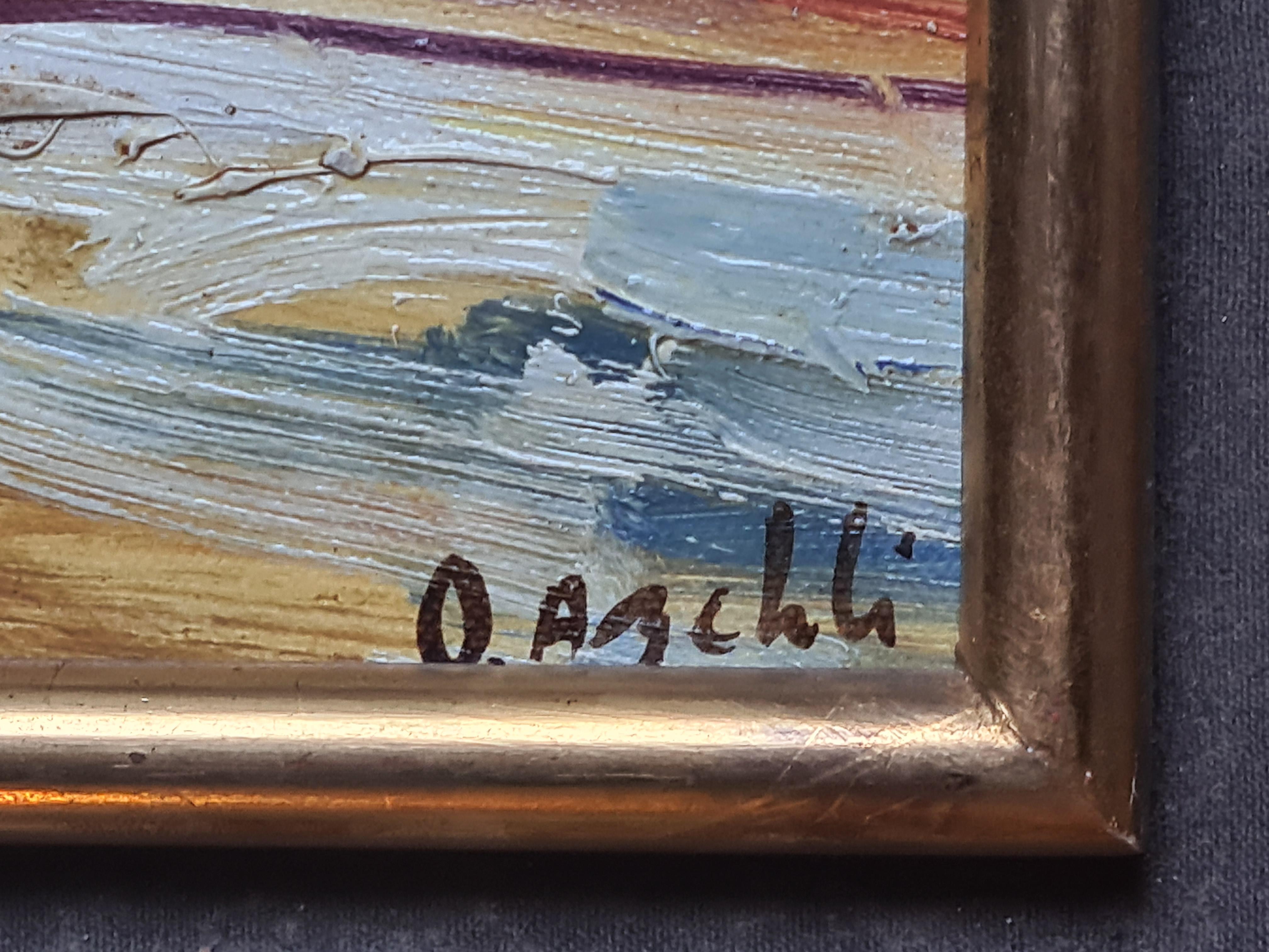 Orientalistische Landschaft, Die Fischer. Öl auf Karton. (Grau), Figurative Painting, von D Abchli