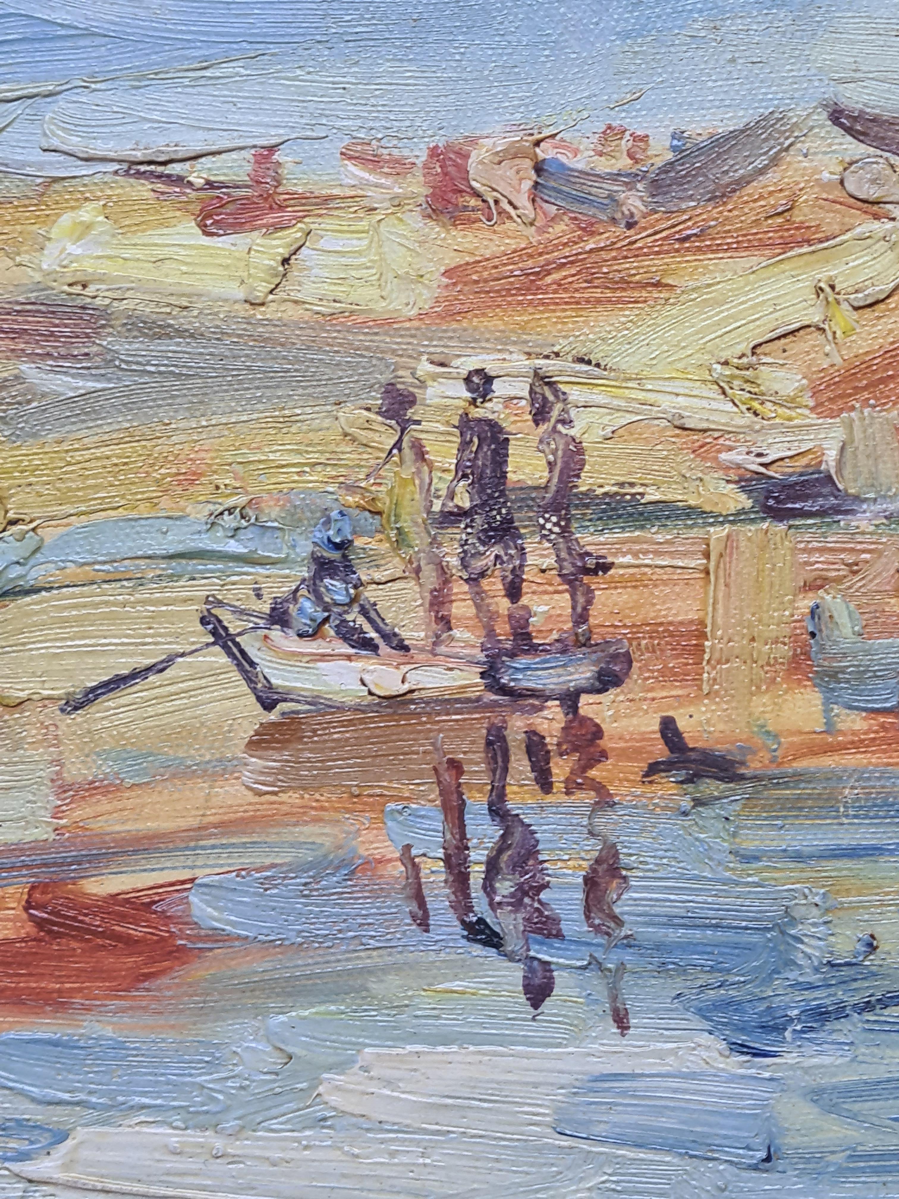 Orientalistische Landschaft, Die Fischer. Öl auf Karton. im Angebot 4