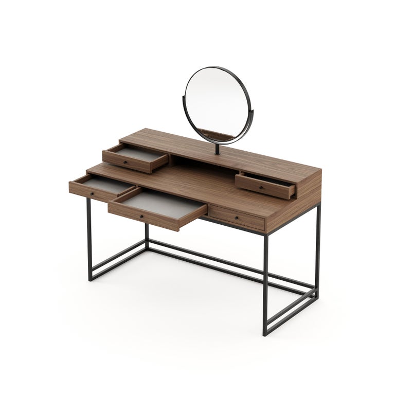 Modern 21st-century wooden dressing table with one round mirror, fully customizable For Sale