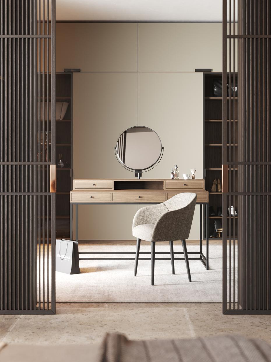 Portuguese 21st-century wooden dressing table with one round mirror, fully customisable For Sale