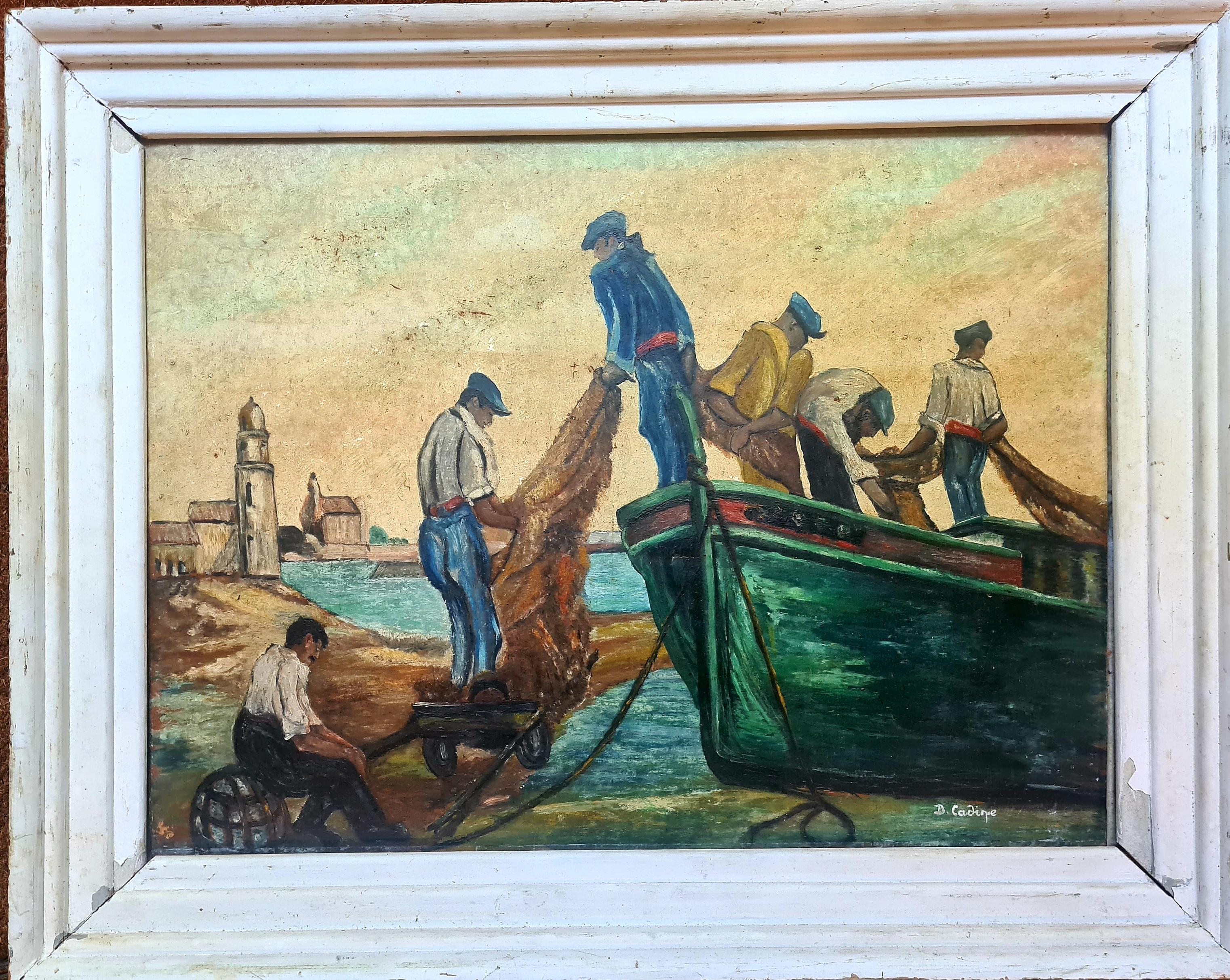 Collioure, Home of the Fauvists, Fisherman at Their Nets - Painting by D Cadine