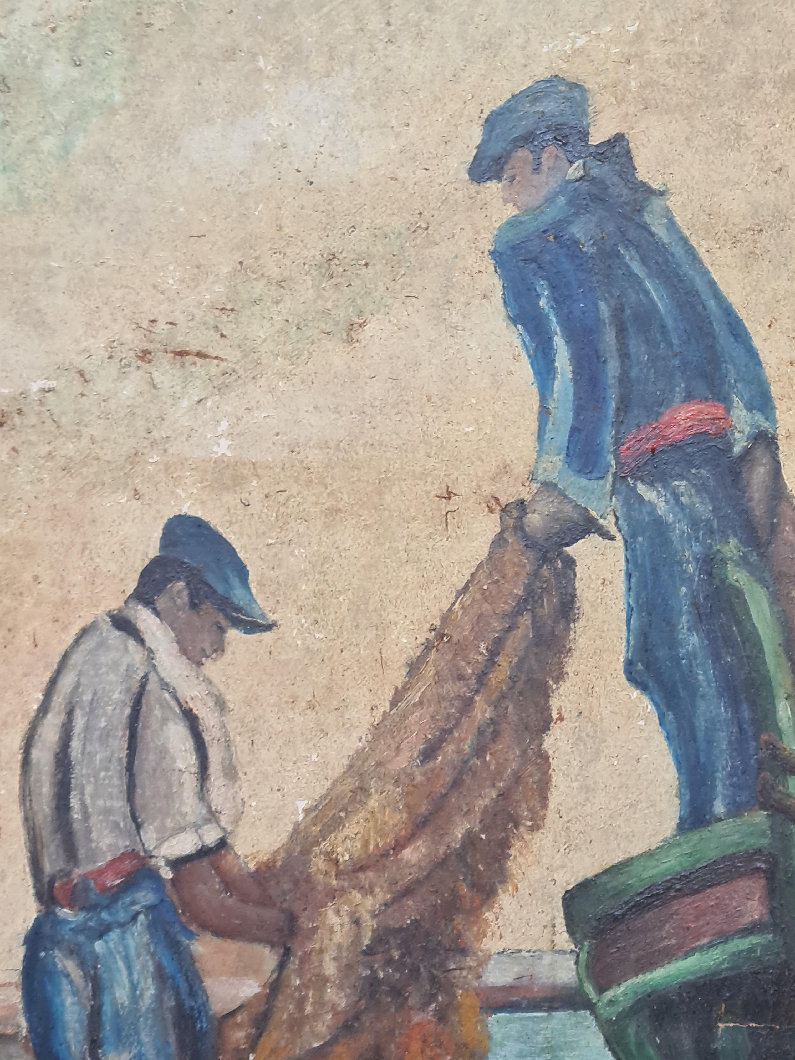 Early 20th Century oil on board view of fishermen in the port of Collioure in the south of France, home to the Fauvists, by D Cadine. The painting is signed bottom right. The painting is titled to the back of the board. Presented in a patinated wood