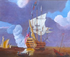 Huge British Maritime Historical Naval Warship The Royal Sovereign Oil Painting