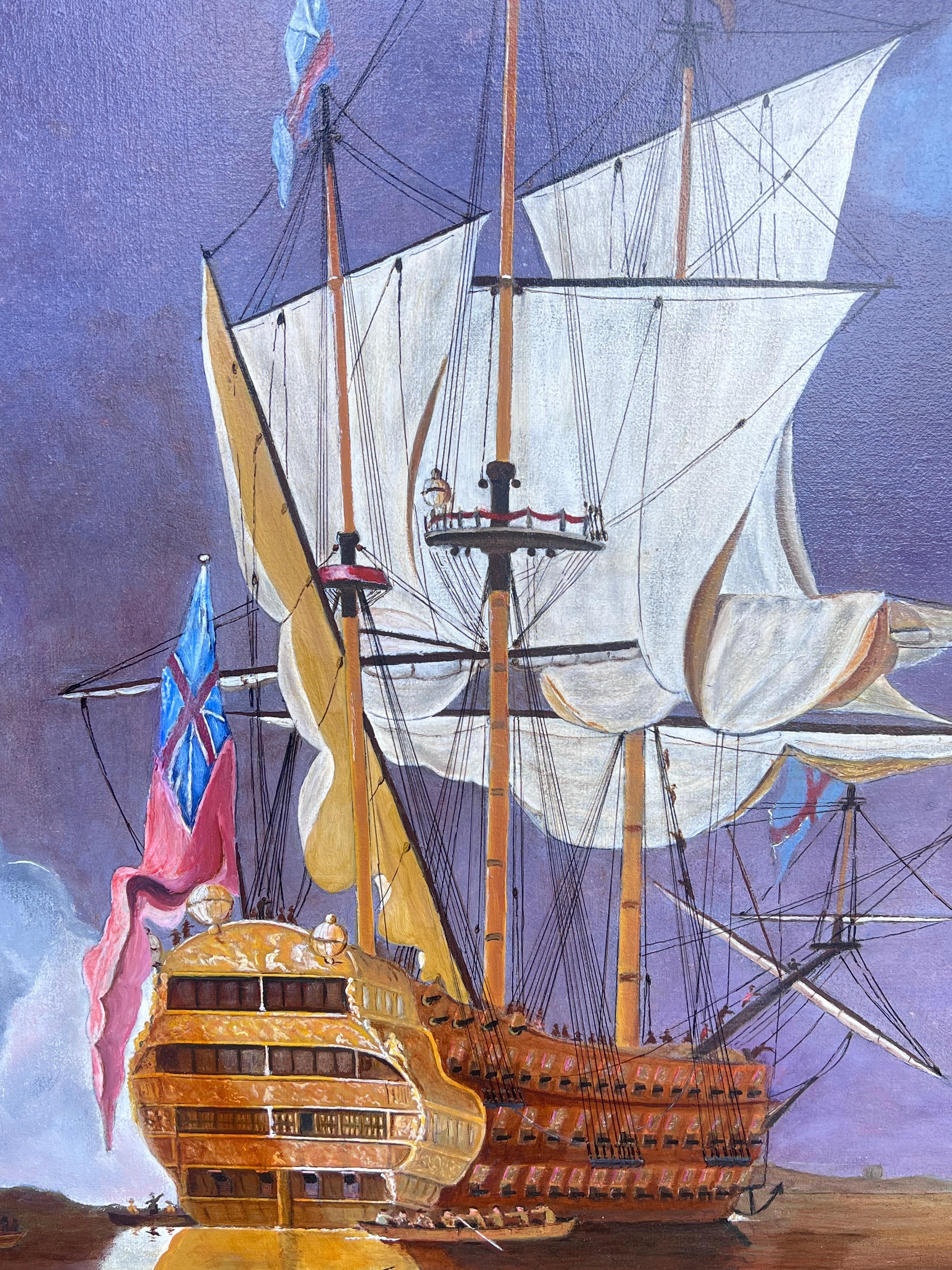 Enorme dipinto ad olio della Royal Sovereign, nave da guerra storica della marina britannica - Landscape Painting Grigio di D. Cadman